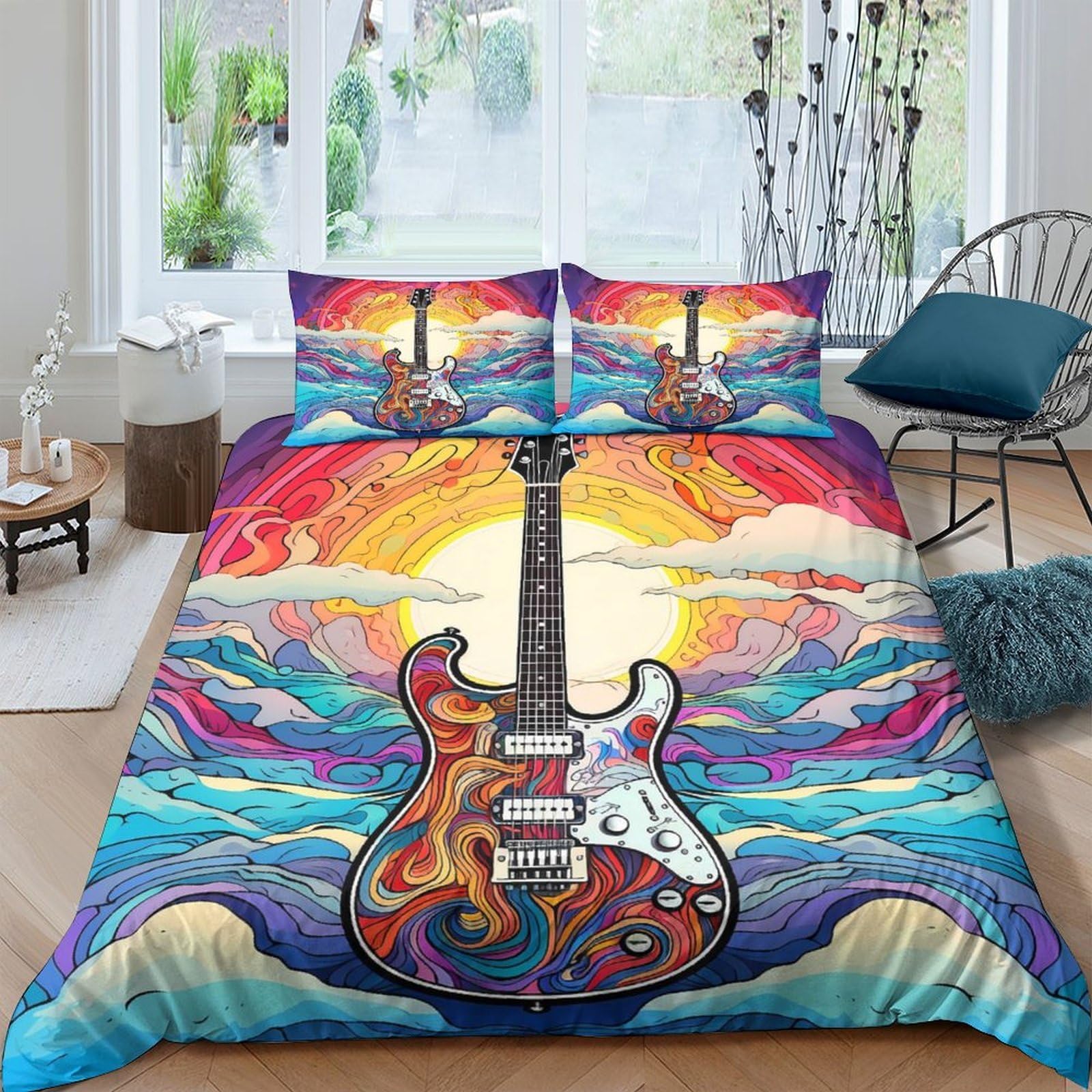 Ctjqhvkz Style-6 3D Printed Sunset Guitar Fitted Sheet Microfiber Soft Bedroom Decor Psychedelic Waves Mattress Cover Adult Teen Single（135X200cm）