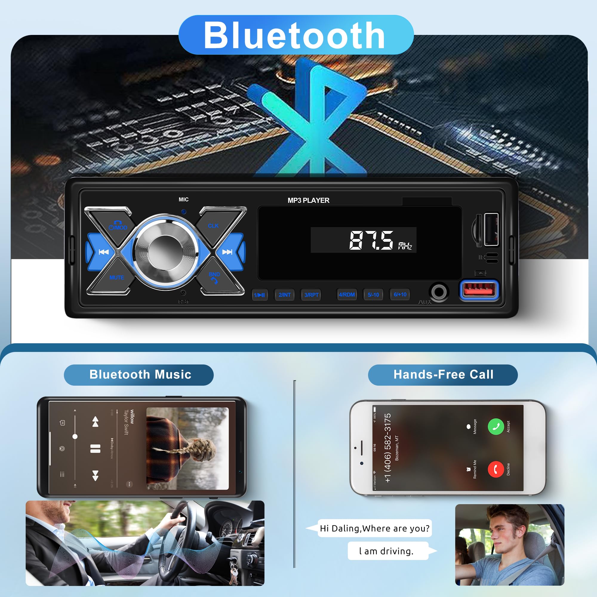 Autoradio 1 Din Bluetooth CD/USB - Appel Mains Libres, Radio AM/FM, DVD, Télécommande