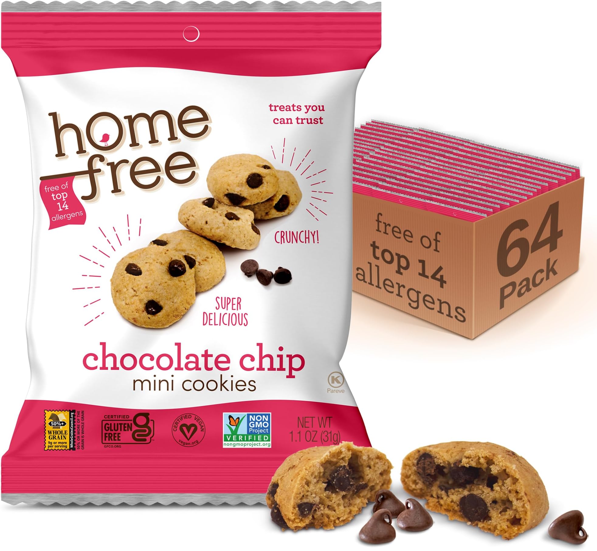 Homefree Treats You Can Trust Gluten Free Mini Cookies, Single Serve, Chocolate Chip, 1.1 Ounce (Pack of 64)