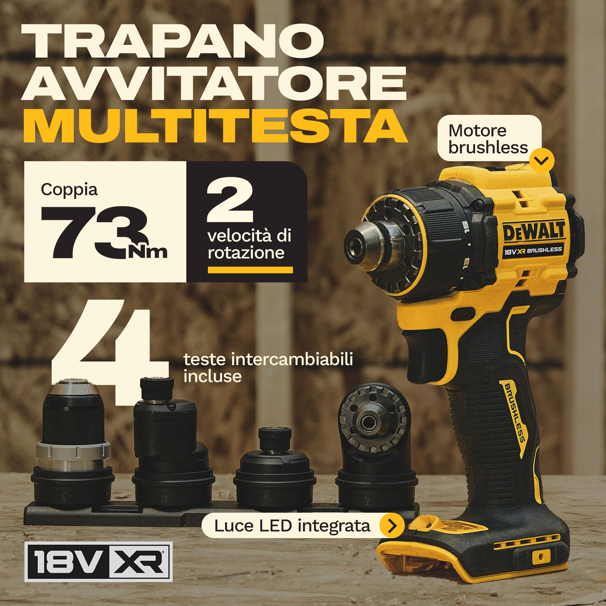 DEWALT Trapano Avvitatore Multi-Testa 18V XR con 4 Teste Intercambiabili, Borsa Morbida e Set inserti con 10 Pezzi da 57mm PH & PZ FLEXTORQ per Avvitatura, solo Utensile, DCD803KN-XJ