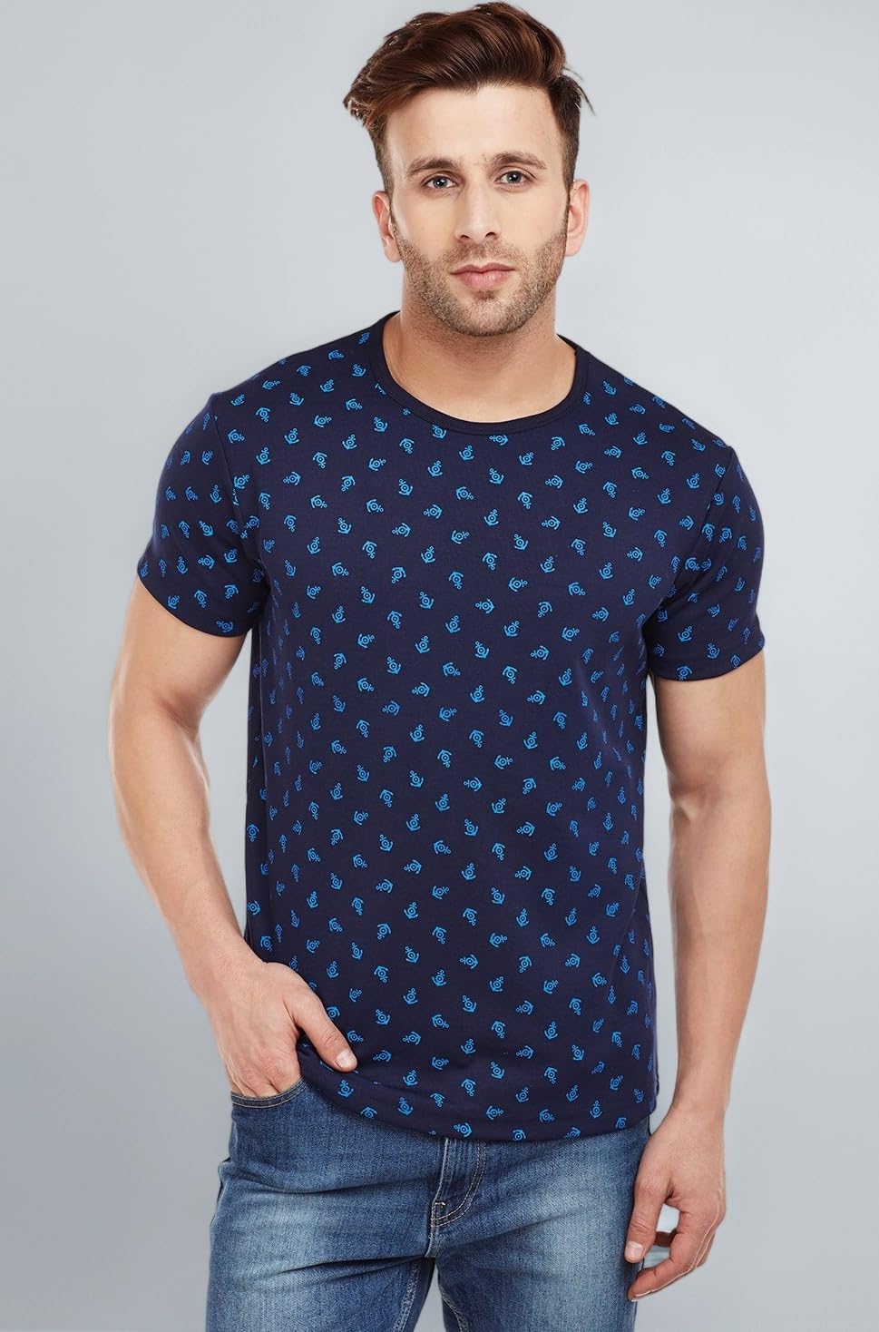 Men's Cotton and Crush Printed Round Neck T-Shirt (Blue, XLarge)