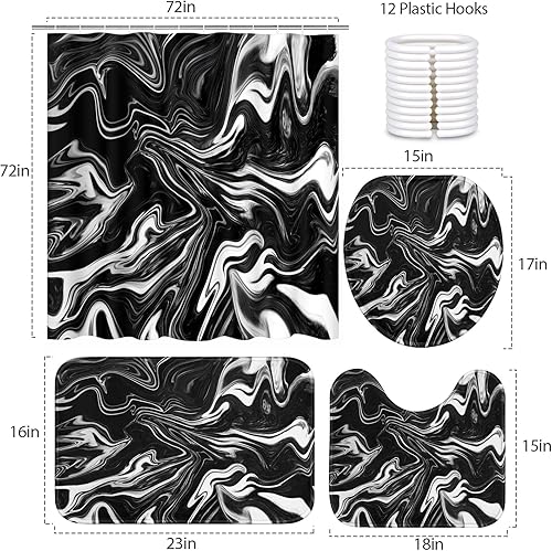 Miniatura 6 de ArtSocket Juego de cortina de ducha con alfombras, juego de baño de mármol negro con alfombra antideslizante, cubierta para tapa de inodoro, tapete