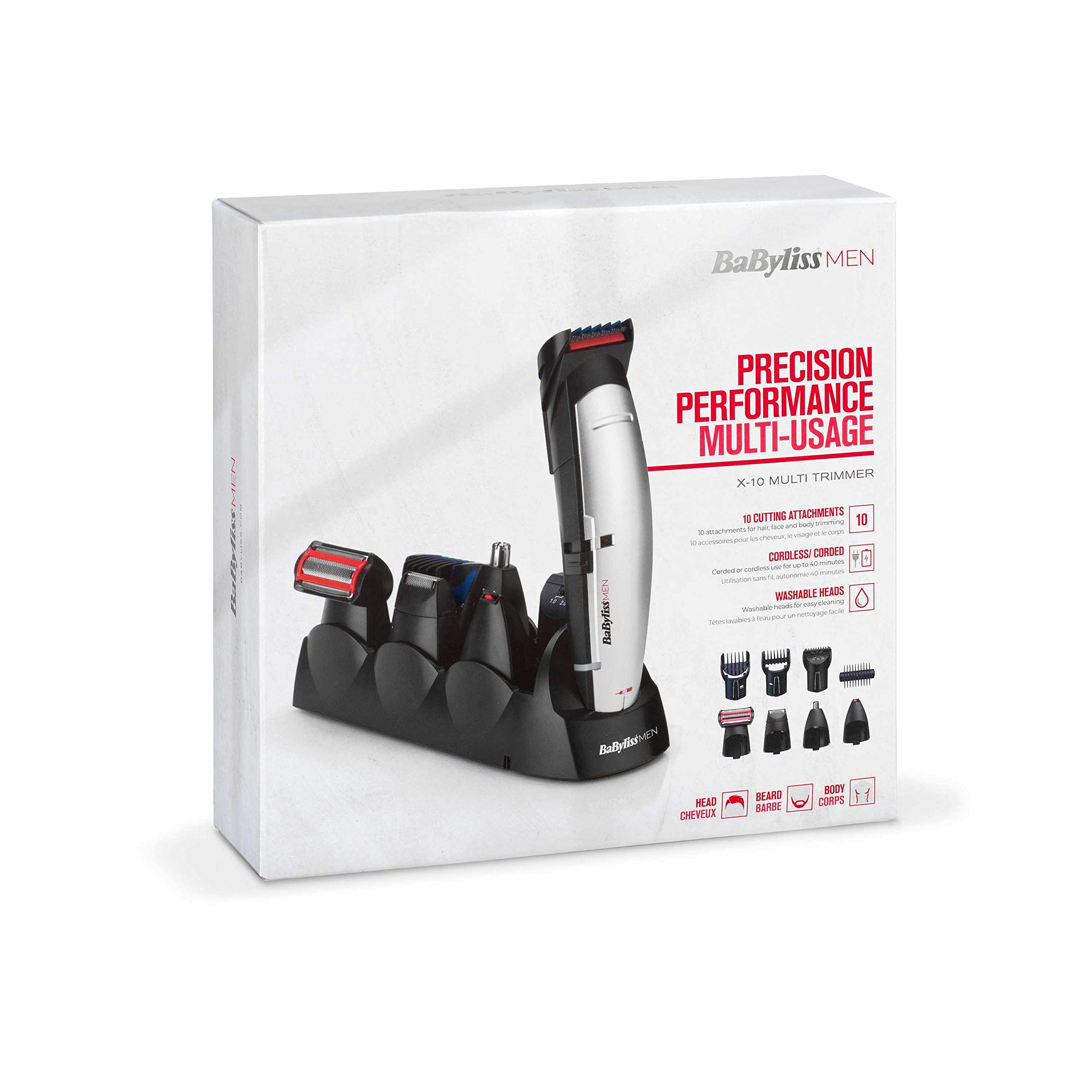 BaByliss X-10 Barttrimmer Grooming Kit für Männer - Vielseitig einsetzbar, W-Tech Klingen für Trimmen von Kopf-, Bart- und Körperhaar, Grau/Schwarz, E837E