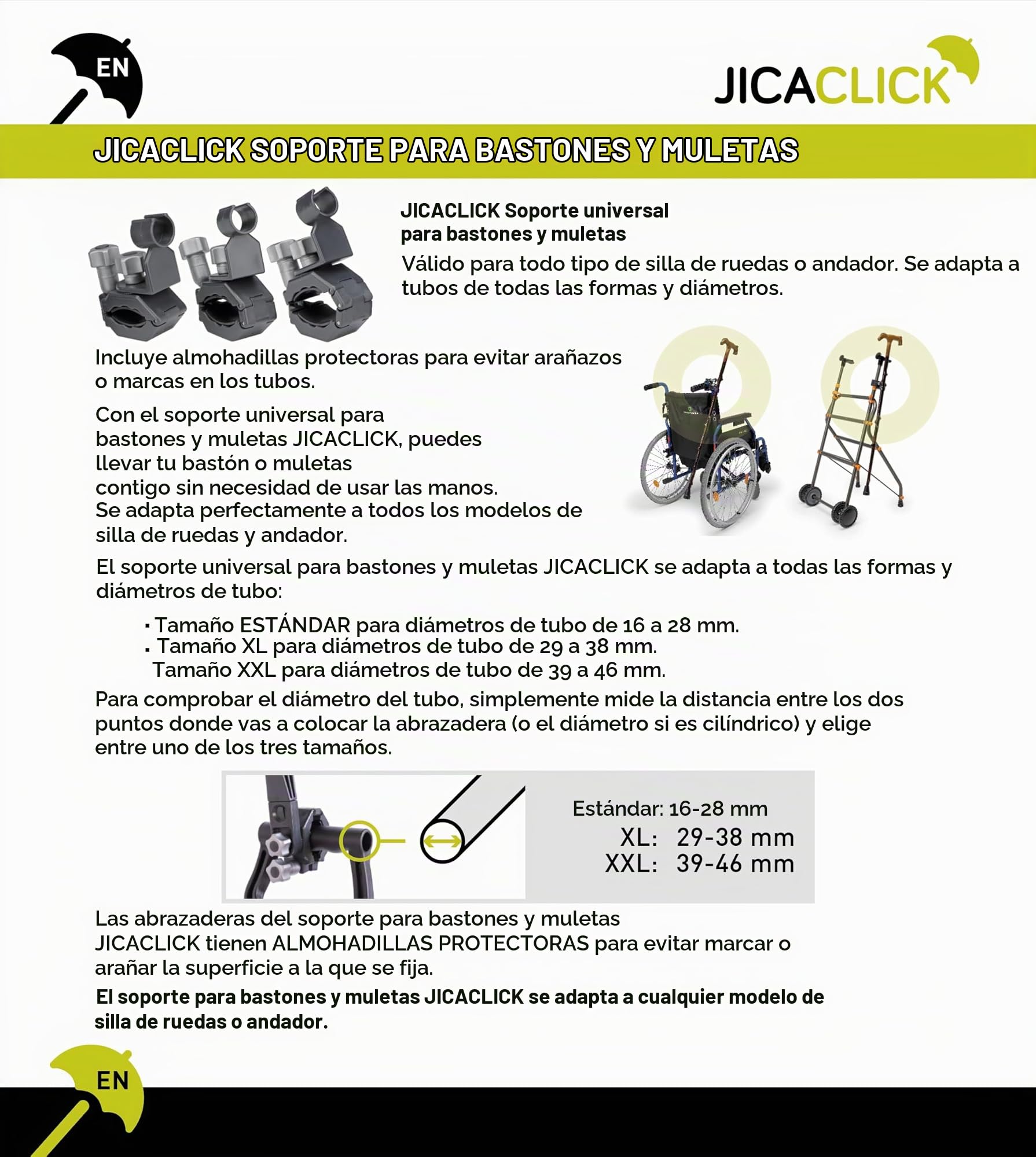 Soporte para Muletas en Silla de Ruedas Porta Baston Andador Sujeta Firmemente Ideal para Personas Mobilidad Reducida Accesorios Ancianos Mayores Facil Instalar Apto Scooter (XXL (39-46 mm. diámetro))