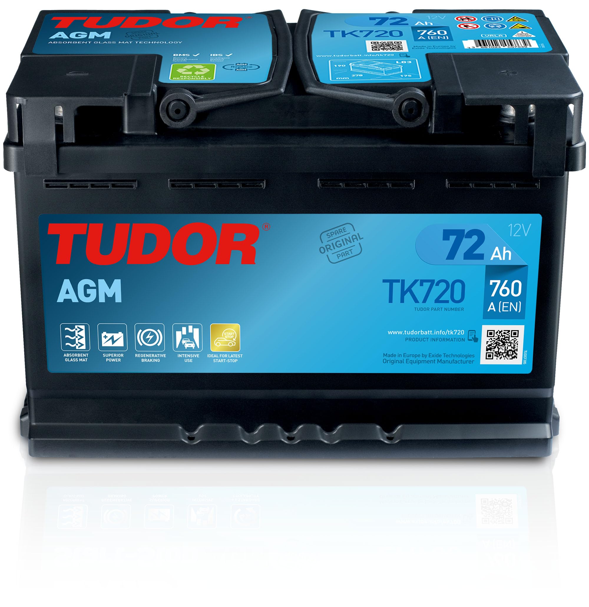 TUDOR Batería 72, Ah 760, A/EN TK720 L 278mm B 175mm H 190mm Compatible con VW Polo V Hatchback 6R1, 6C1 Golf VII Hatchback 5G1, BQ1, BE1, BE2, PEUGEOT 208 I Hatchback CA, CC, OPEL Corsa D Hatchback