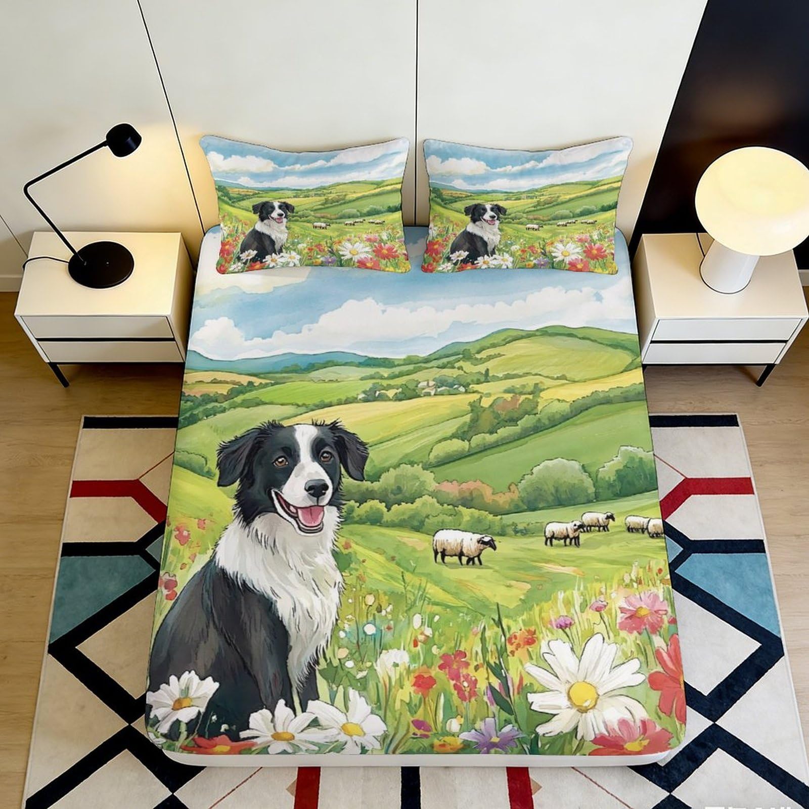 3D Printed Border Collie Meadow Fitted Sheet Microfiber Anti-Slip Sheep Pasture Mattress Cover for Bedroom Guest Room 90x200x25cm