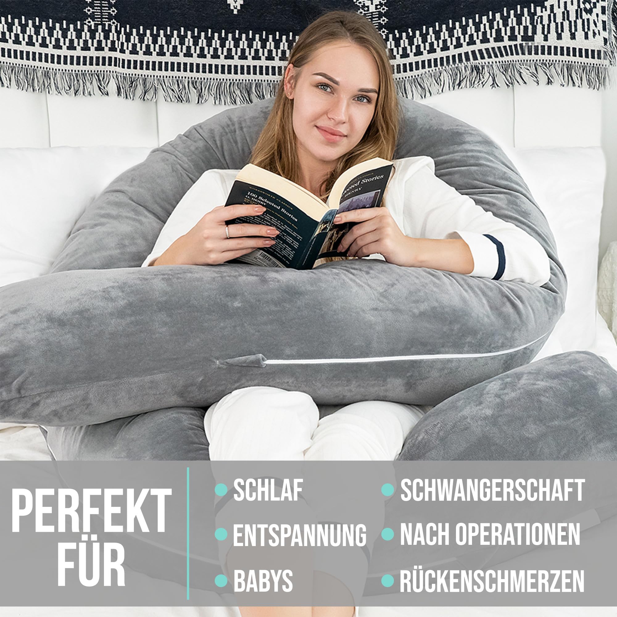 Strex Schwangerschaftskissen XXL - 280cm - Abnehmbarer Bezug - Seitenschläferkissen/Body Pillow/Körperkissen/Stillkissen