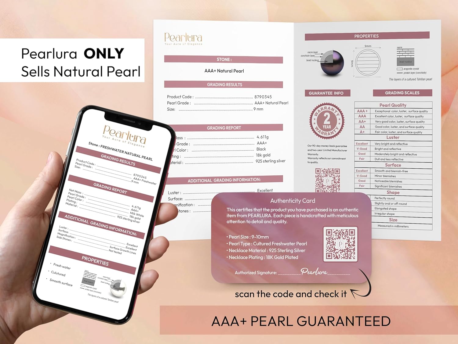 Black pearl necklace for women (Natural AAA+ 9mm) - Wedding anniversary's gift for wife (18k gold platted 925 sterling Silver)- christmas gifts for wife - Real pearls necklace for women - black pearls necklace - pearl pendant - Image 7