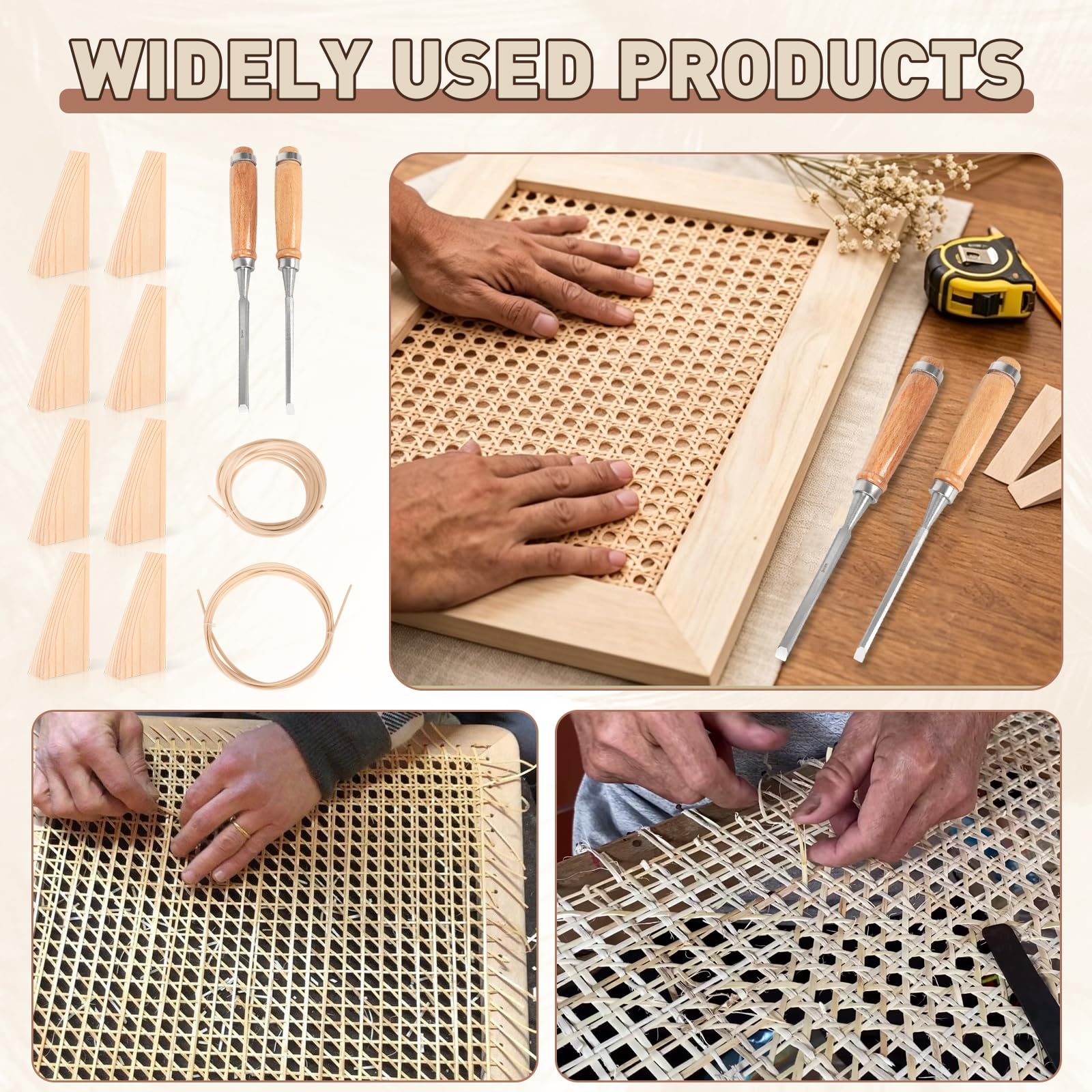 Wiener Geflecht Set, 100x40cm Rattan Geflecht mit 2 Rolle 3M Lang Peddigrohr, 8 Holzkeilen und 2 Holzflachmeißel für DIY Möbel Dekoration, Gurtband Handgemachtes, Stuhlflechtrohr Flechtrohrgewebe