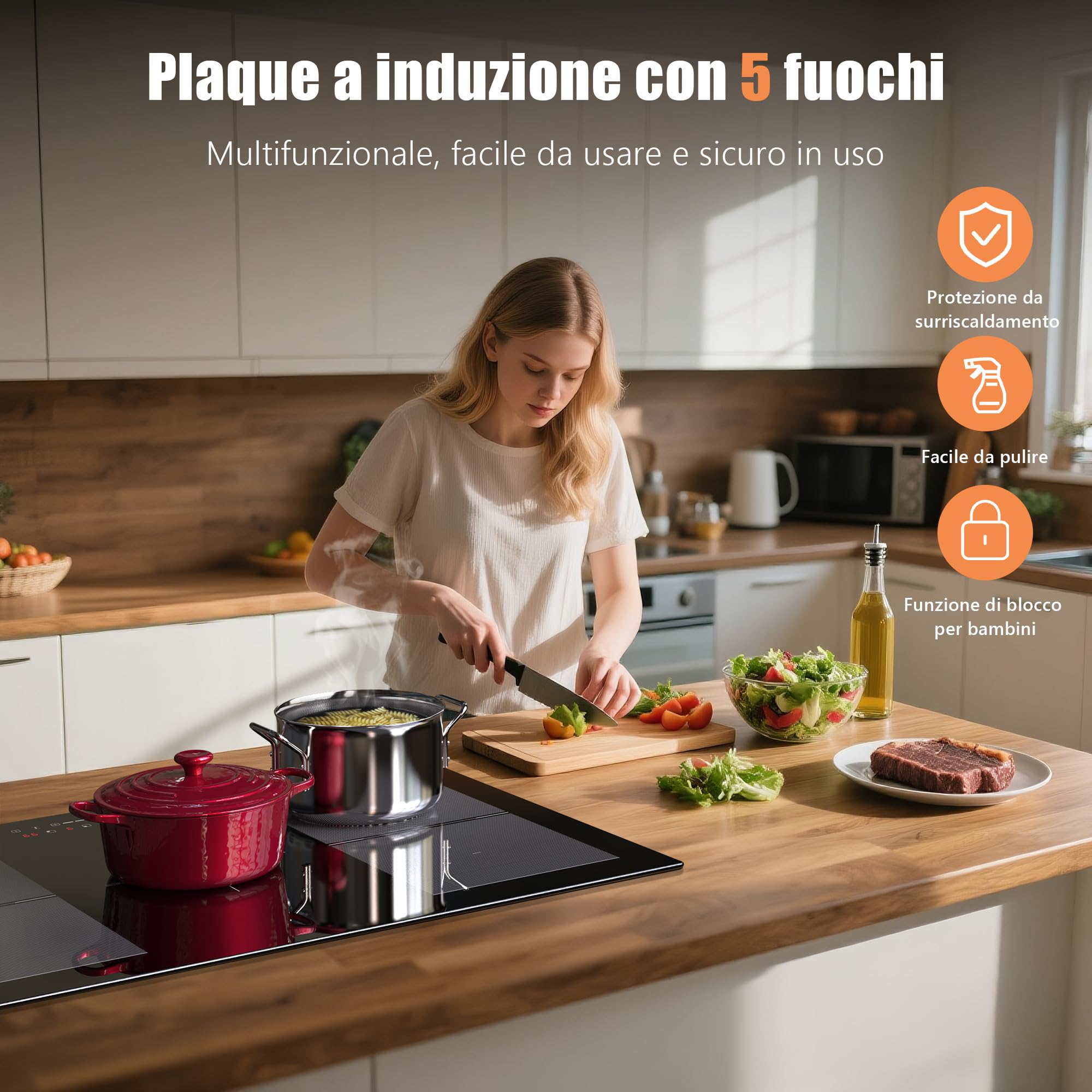 NOXTON Piano Cottura Induzione 5 Fuochi, 77 cm Piano Cottura Elettrico 5 Piastre da Incasso, 7200W Domino Piastra ad Induzione di Scivolo con Flessible Zona, Boost, Timer, Blocco di Sicurezza