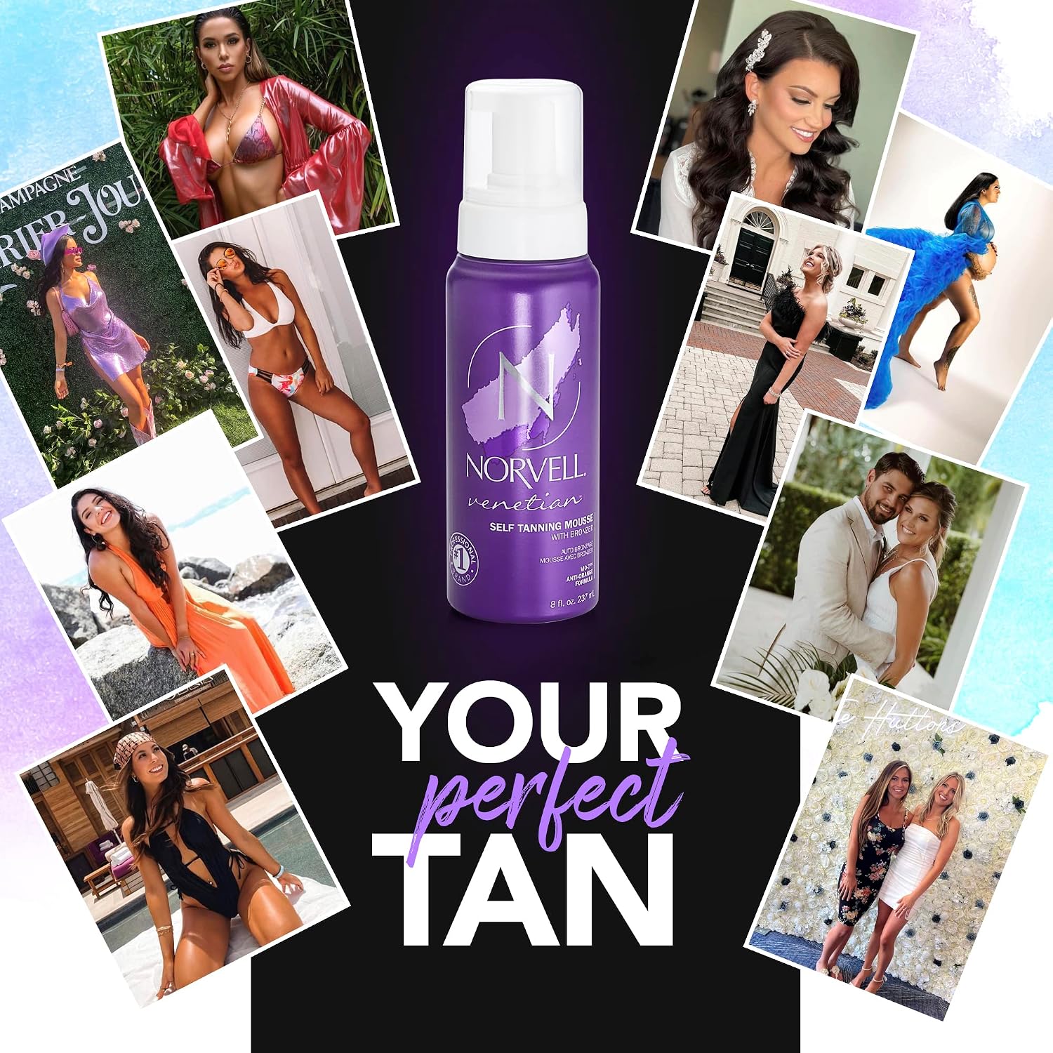 Norvell Venetian Sunless Self Tanner Mousse with Bronzer, 8 fl.oz - Instant Self Tanning - Natural Looking - Anti-Orange - Fake Tan for Bronzing Glow