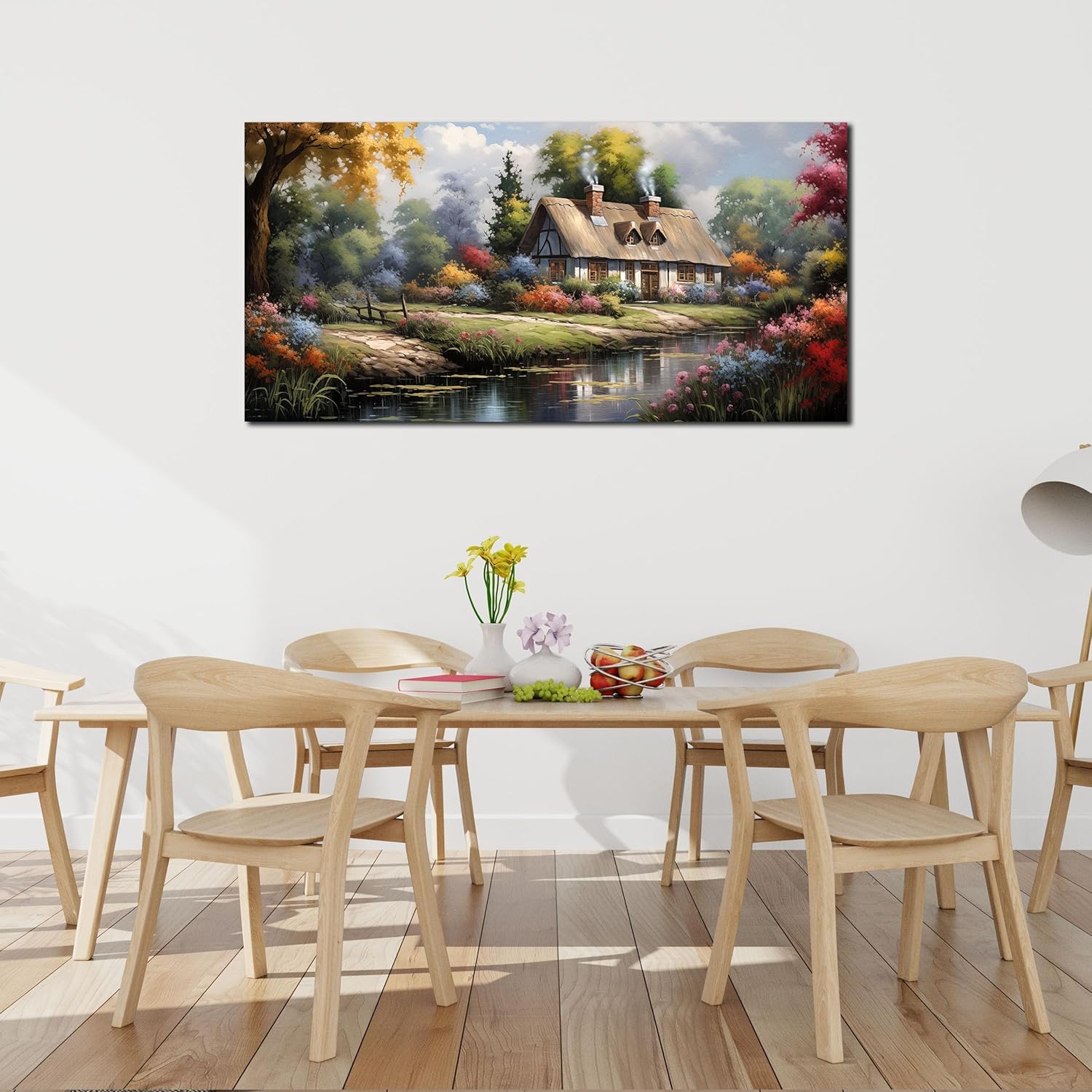 Large Canvas Wall Art for Living Room Countryside Mountain River Landscape Wall Art Decor Prints Farmhouse Decor Pictures Meadow Wildflower Artwork Canvas Painting Wall Decor for Bedroom 24x48 IN
