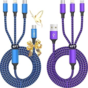 USB A + USB C Multi Charging Cable, 3 in 1 Chargers for Multiple Devices, Universal Charger with Multiple Connectors Type C, IP, Micro USB Cable for iPhone17/16/15/14, iPad, Galaxy, Kindle2Pack 4FT
