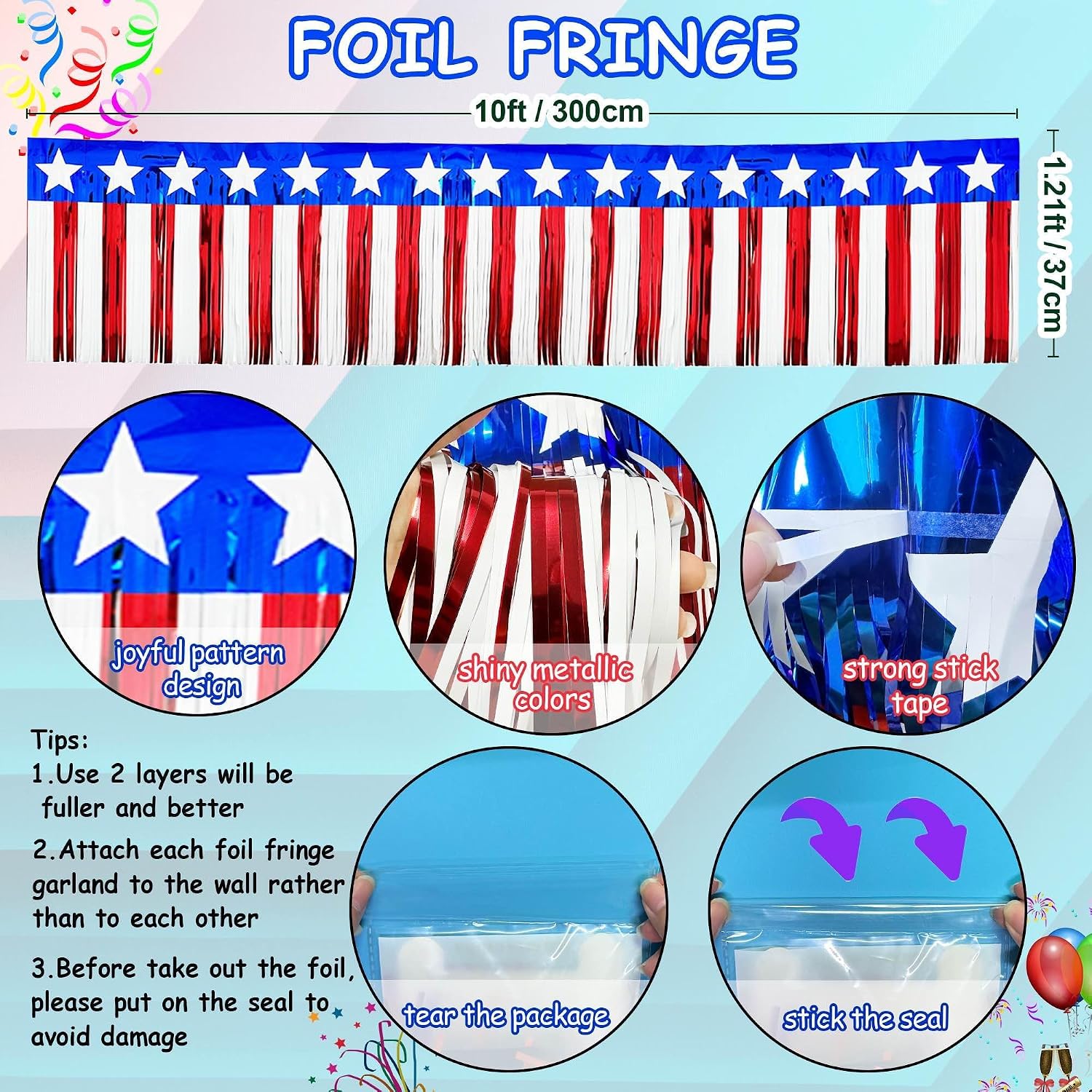 4 Pack 39Ft 4th of July Parade Floats for Trailer Car, Flag Stripes and Stars Foil Fringe Garland Tinsel Streamers Banner Table Skirts for 4th of July Graduation Homecoming Birthday Party (Star)