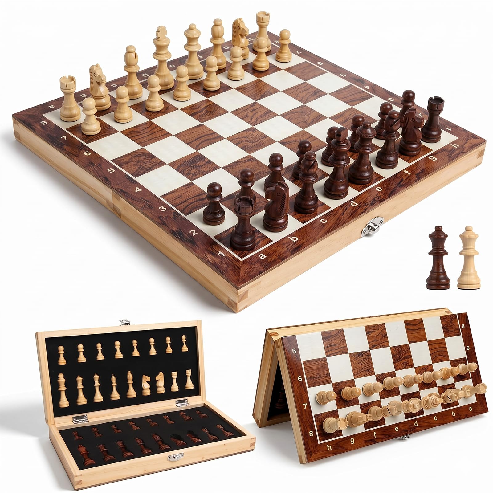 Schachspiel Holz für Erwachsene, OOCOME Tragbares Schachbrett Faltbares magnetisches Schach Brettspiel für Kinder Anfänger Reisen Schachfigurenset mit tragbarem Aufbewahrungsbrett