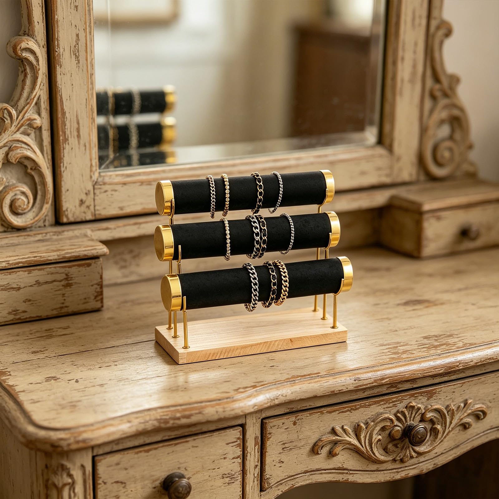 ibasenice Portaorologi e Bracciali a 3 Livelli in Metallo e Legno con Base Stabile, Design Smontabile per Organizzare Accessori e Orologi su Piani di Lavoro