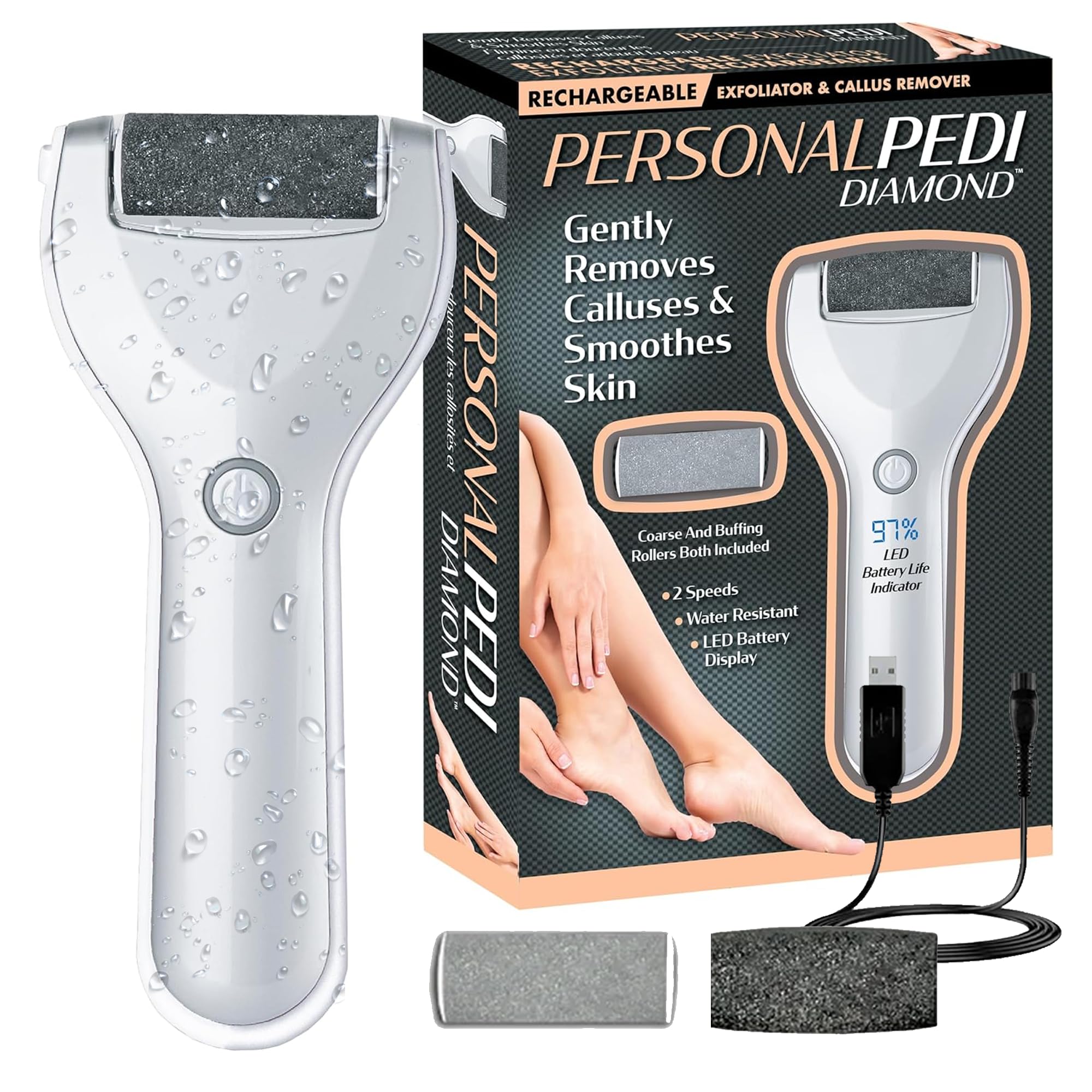 Personal Pedi Diamond Electric Foot Callus Remover for Feet - Rechargeable, Interchangeable Rollers Easy-to-Use Foot File Electric Callus Remover for Feet, 2 Intensity Levels, 2 Speed As Seen On TV