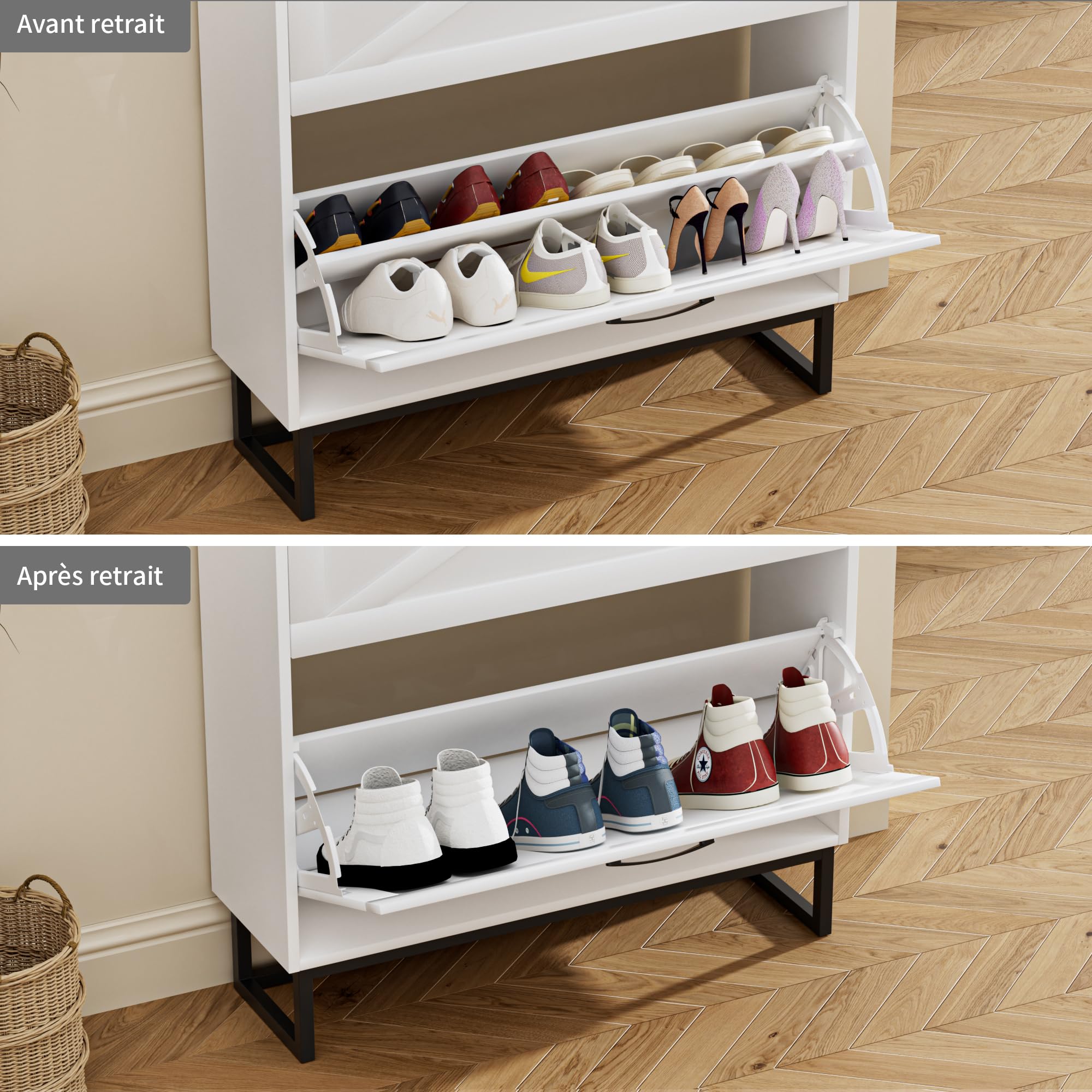 BonVache Meuble Chaussure Entree, Armoire à Chaussures étroite avec 2 tiroirs rabattables, Shelf réglable et Support métallique, adapté à la Couloir, à l'entrée et au Vestibule, Blanc