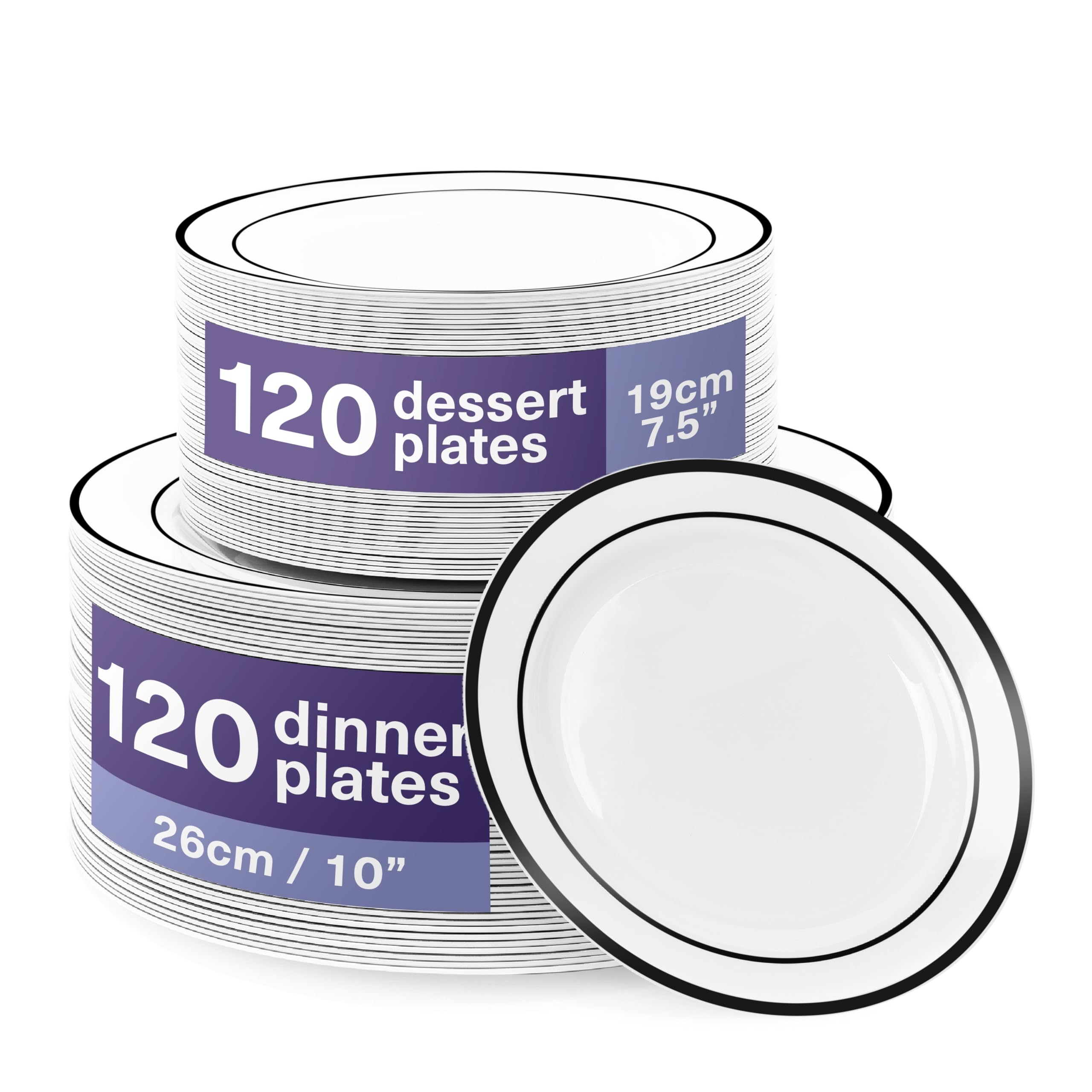 MATANA 240 Premium White Plastic Plates with Black Rim - 120 26cm Dinner, 120 19cm Side Plates - Elegant, Unbreakable & Reusable for Weddings, Birthdays, Picnic, Parties