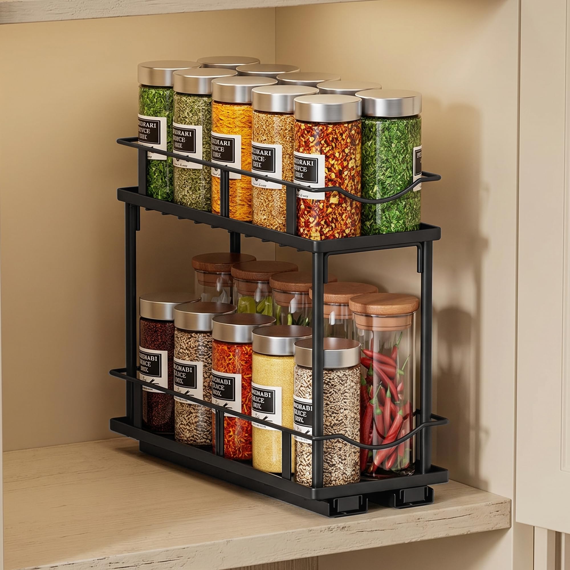 1 paquete de organizador de especias extraíble para armario, organizador de condimentos deslizante de 2 niveles, estante de especias estrecho para gabinete, 10.7 pulgadas de profundidad x 4.8 pulgadas
