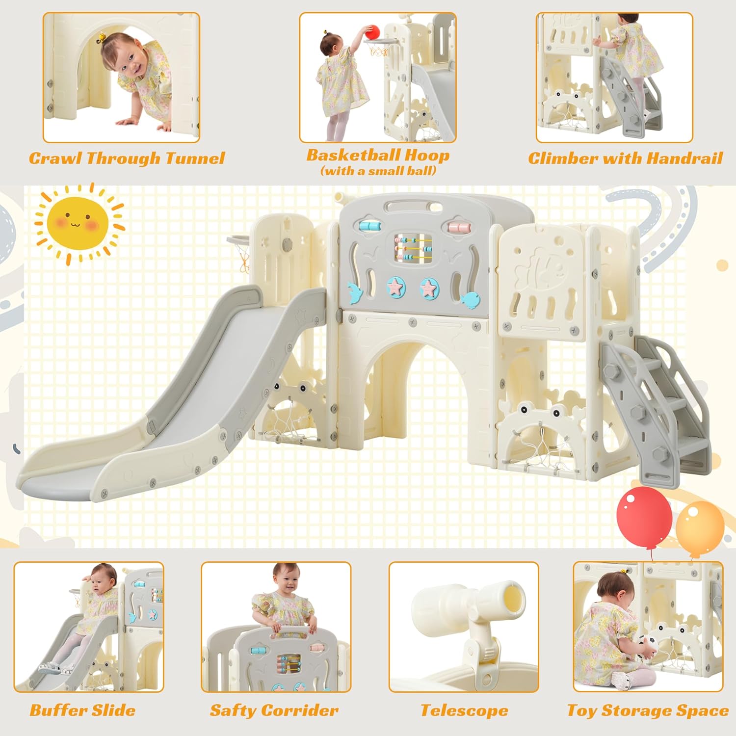 11in 1 Toddler Slide, Kid Slide for Toddlers Age 1-3 with Telescope, Basketball Hoop, and Telescope, Indoor Outdoor Playset Playground Grey Beige
