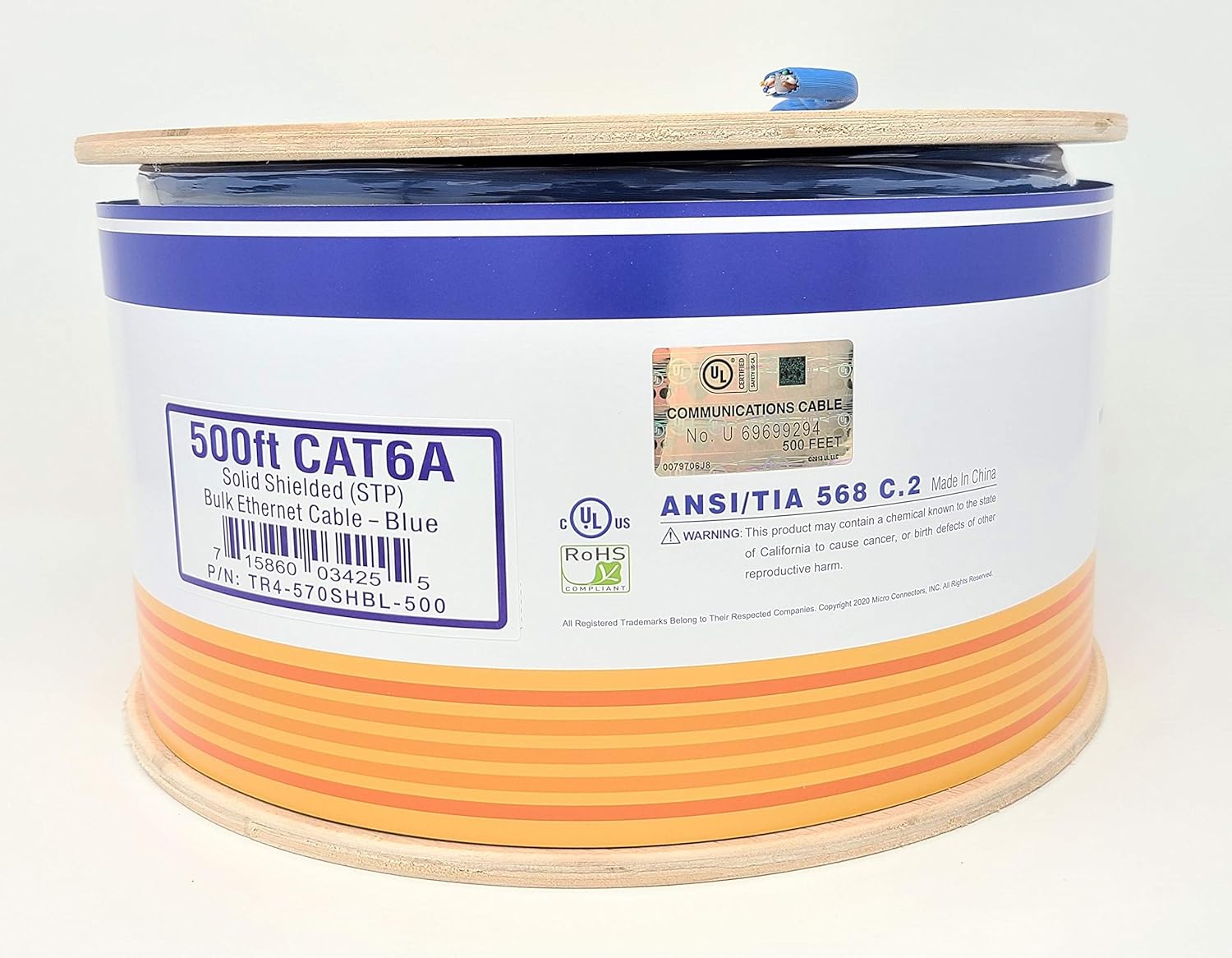MICRO CONNECTORS 500 feet Solid Shielded (STP) CAT6A Bulk Ethernet Cable - Blue (TR4-570SHBL-500) : Electronics