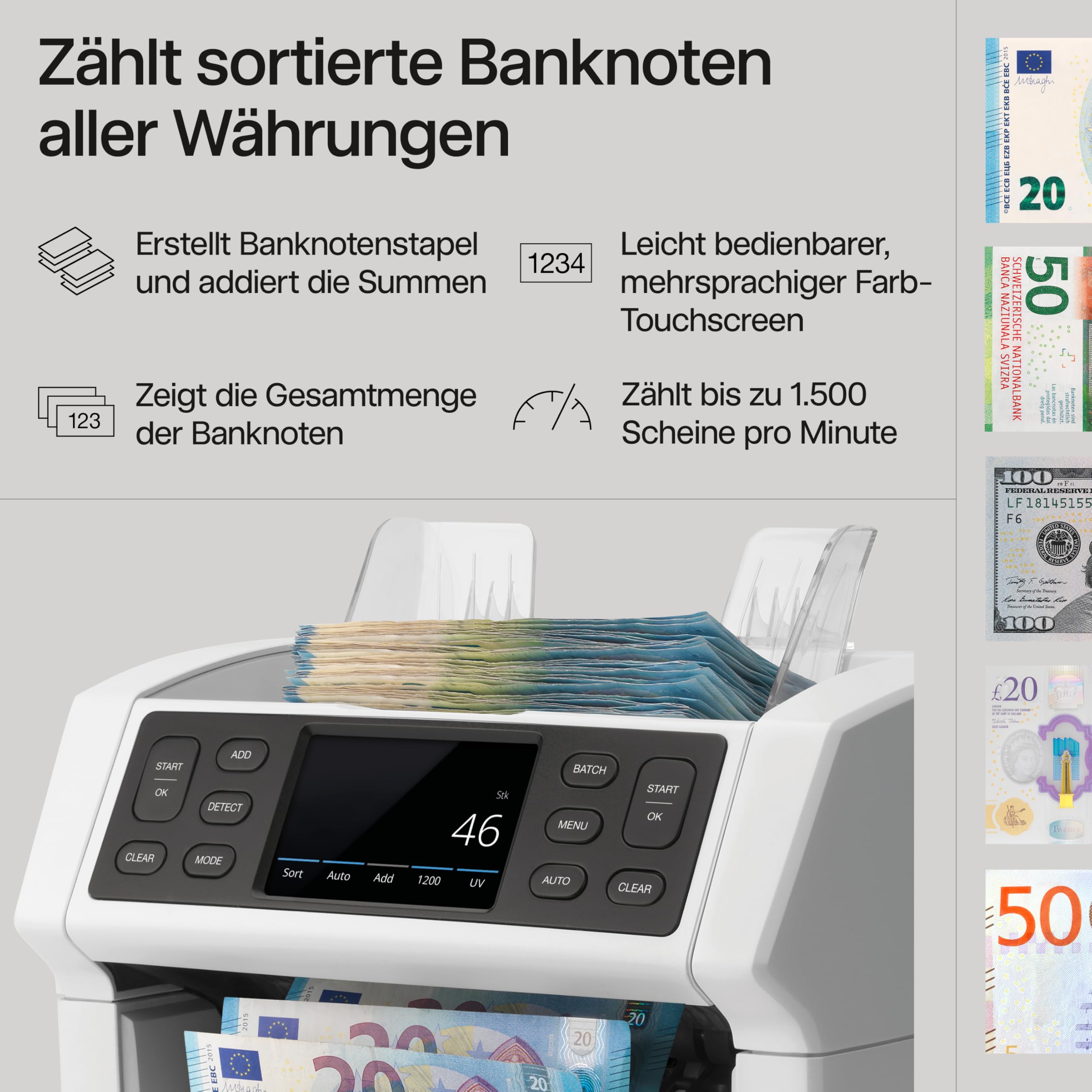 Safescan 2850 Geldzählmaschine, zählt sortierte Banknoten - Banknotenzähler mit 3-facher Echtheitsprüfung - Geldzählmaschine mit mehrsprachiger Benutzeroberfläche