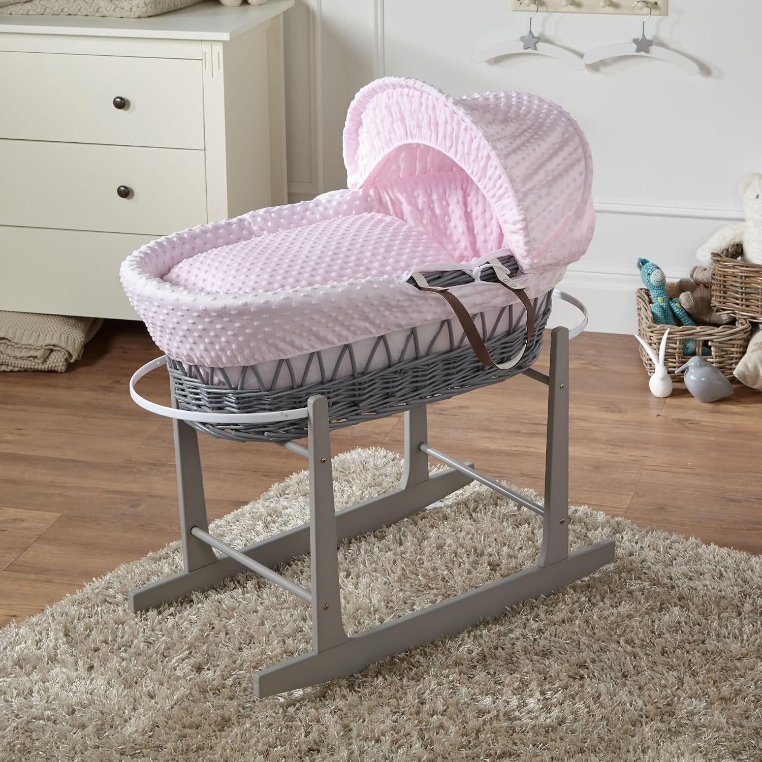 For Your Little One Wicker/Pod Moses Basket Hand-woven Natural, Hypoallergenic Mattress/Deluxe Design/Quilt, Bedding And Rocking Stand - Pink Dimple, Wicker Moses Basket