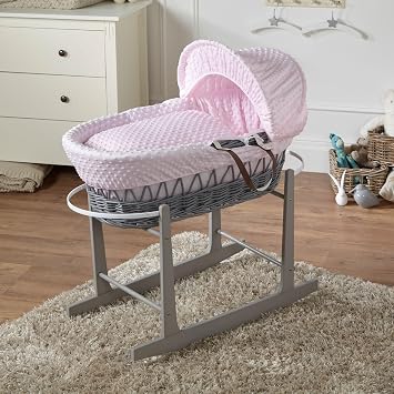 For Your Little One Wicker/Pod Moses Basket Hand-woven Natural, Hypoallergenic Mattress/Deluxe Design/Quilt, Bedding And Rocking Stand - Pink Dimple, Wicker Moses Basket