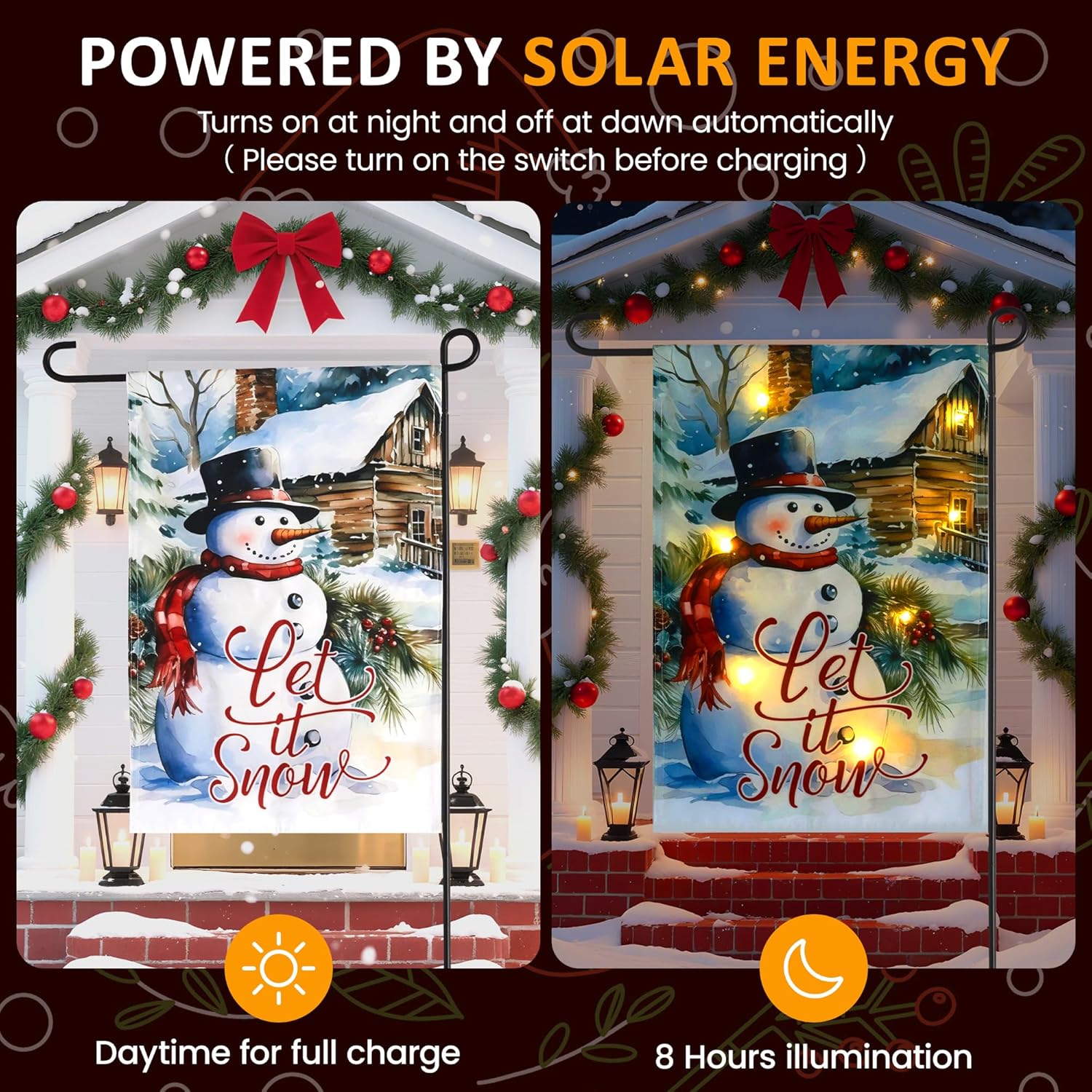 Christmas Garden Flag with Lights for Outdoor, 12x18 Snowman Double Sided Outdoor Flag, Led Solar Lighted Holiday Decoration, Winter House Yard Flags for Outside Lawn Porch Farmhouse Decor - Image 3