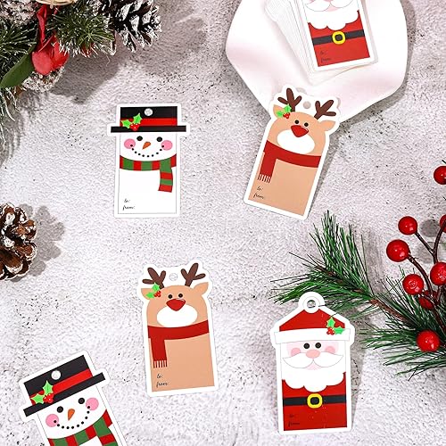 Miniatura 3 de AnyDesign - 120 etiquetas de regalo de papel de Navidad, etiquetas colgantes de dibujos animados con cuerdas, muñeco de nieve, Papá Noel, alce,