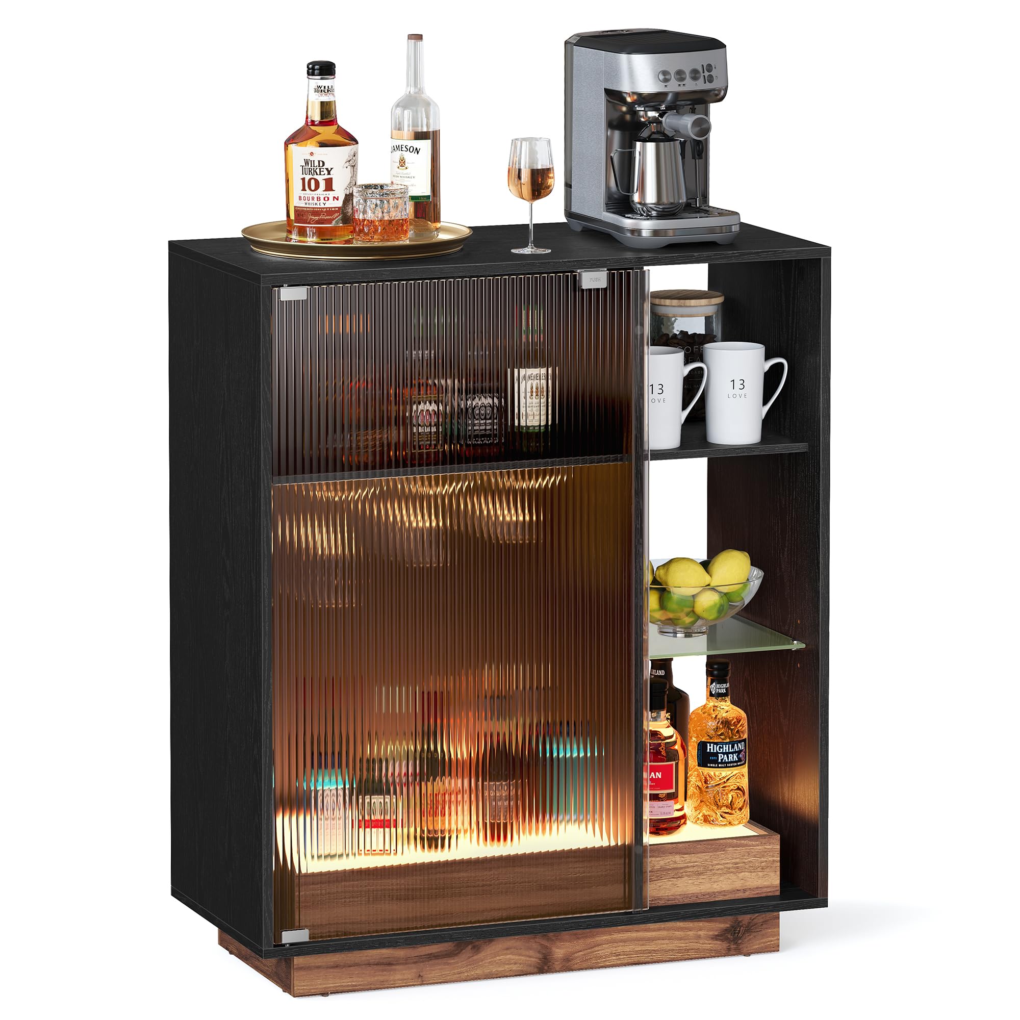 VASAGLE Meuble Bar à Vin avec Éclairage, Buffet avec LED, Rangement pour Vin, Meuble de Bar pour Spiritueux, avec Porte-Verre, Porte en Verre Cannelé, pour Salon, Noir Boisé BBK361B21