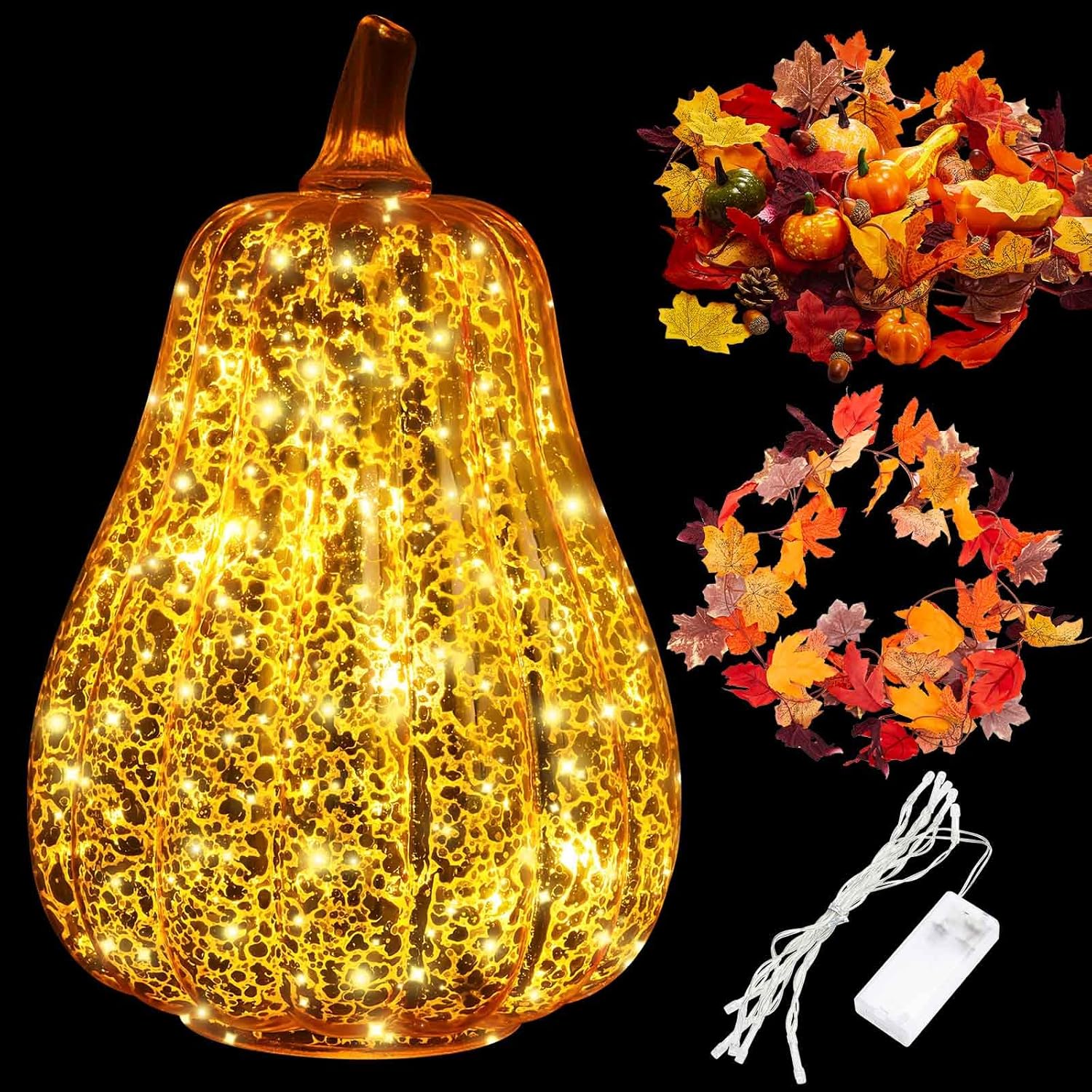 VIHOSE 4 Pieces 8.86 Inch Light up Pumpkin Set Glass Fall Halloween Pumpkin Decorations with Timer Acorn 3D Maple Leaf String Fall Garland Kits for Autumn Thanksgiving Harvest Tables Centerpieces Elongated