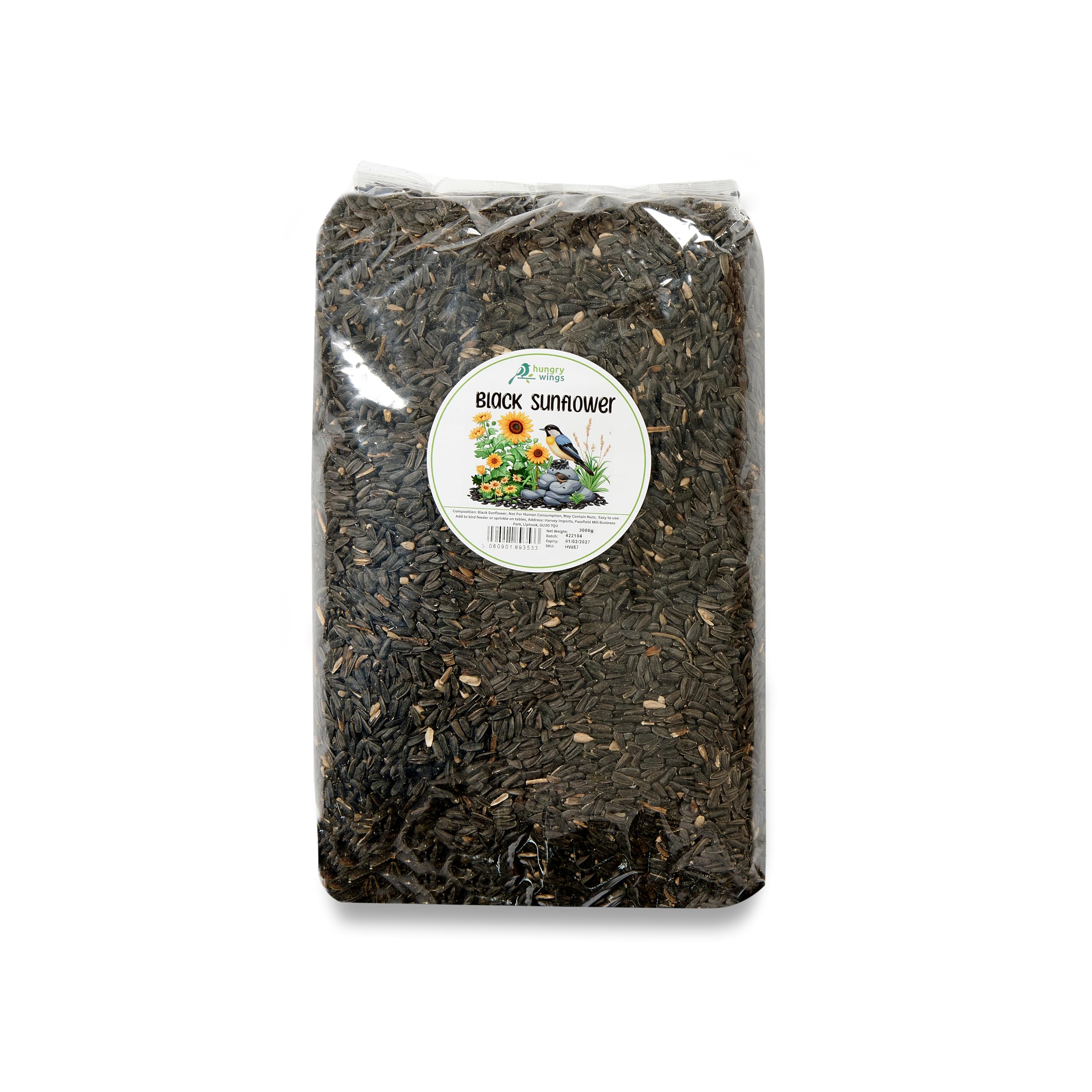 Hungry Wings Sunflower Seeds 2Kg | Wild Bird Food | High Energy Oil-Rich Seeds For Garden Birds Black