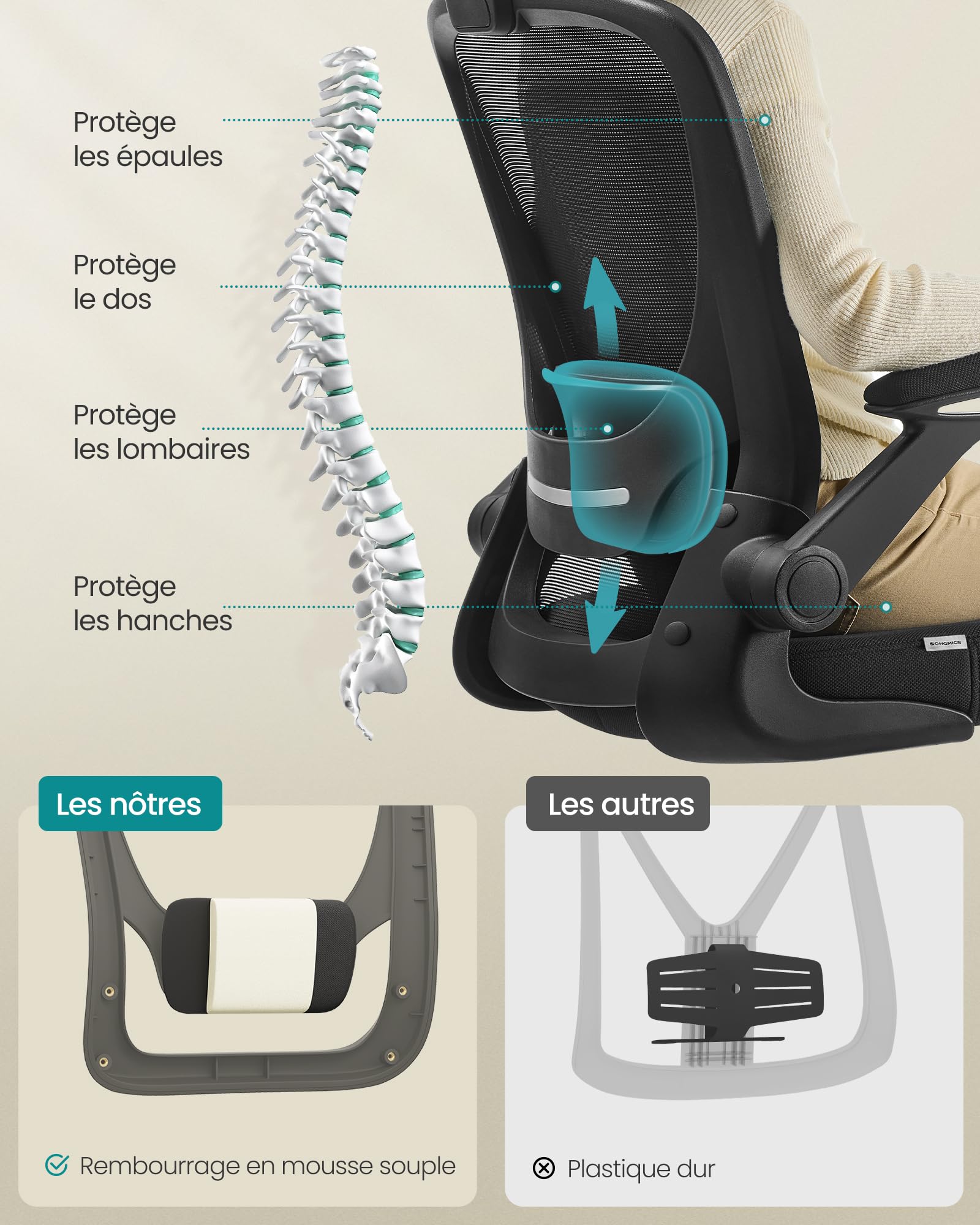 SONGMICS Chaise Bureau Ergonomique, Tissu en Maille, Support Lombaire, Mécanisme à Bascule, Assise Large de 53 cm, Accoudoirs Rabattables, pour Bureau, Chambre, Noir OBN37BK