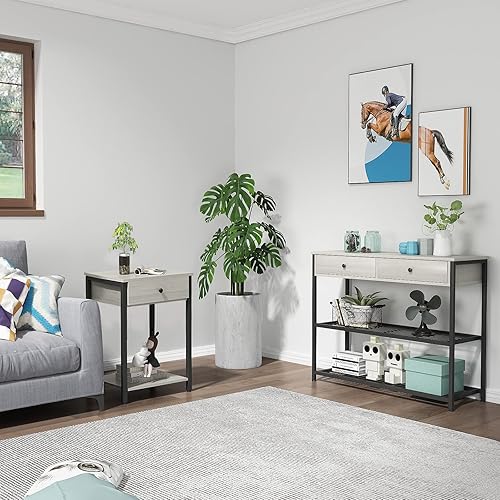 Miniatura 8 de Ecoprsio Mesita de noche moderna mesa auxiliar con cajón y estante de almacenamiento, mesita de noche de madera para dormitorio, sala de estar,