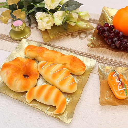 Miniatura 4 de Bandeja cuadrada de plástico con hojas doradas, bandeja decorativa para alimentos, bandeja resistente para festivales y té de la tarde (paquete de 3)