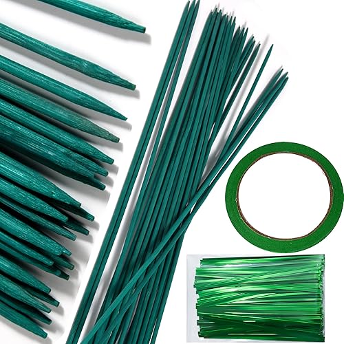 100 varillas de 18 pulgadas, soporte floral para plantas, poste de madera, palos de jardín de bambú verde con 1 rollo de cinta floral y 1 paquete de