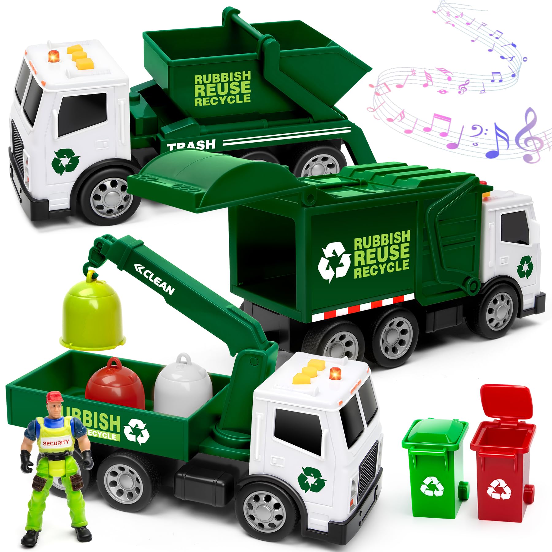 BunnyJOY Camión de Basura Juguete para Niños, Camiones de Juguete Set de 3 Vehículos con Luz y Sonido, Camión Reciclaje, Camión Grúa y Volquete, Juegos de rol, Regalo para Niños 3+ Años, Verde