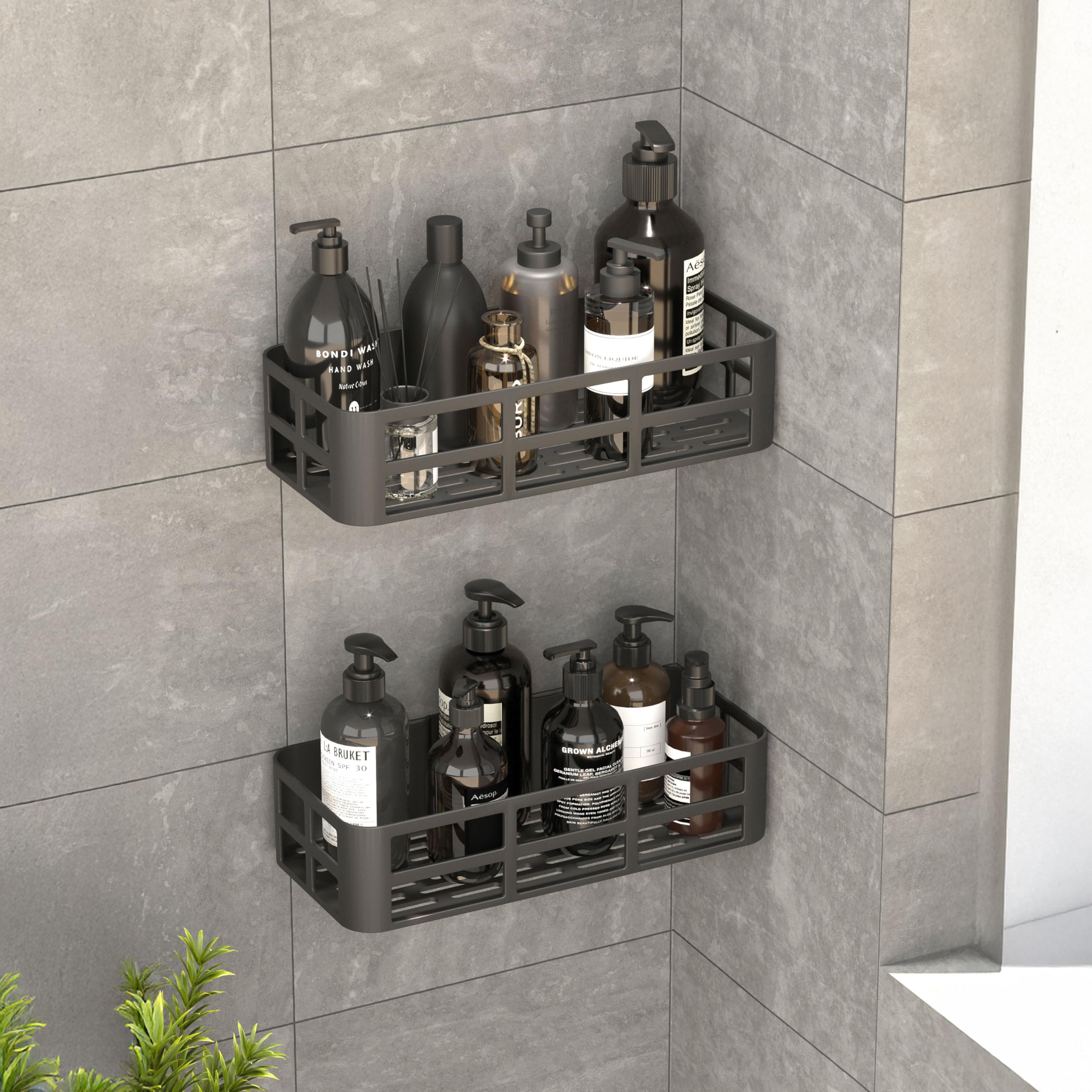 Deconox 2'li Set Siyah Yapışkanlı Banyo Duş Rafı - 27x12 cm Matkapsız Montaj Şampuanlık ve Mutfak Baharatlık Organizeri