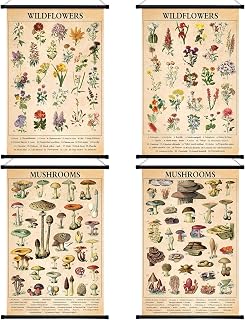 Lewtemi 4 Pcs Vintage Mushroom Wildflowers Poster Fungus Butterfly Tree Wall Hanging Poster Prints Illustrative Reference Chart Poster for Classroom Living Room Decor, 15.7 x 23.6 Inch(Cute, Vivid)