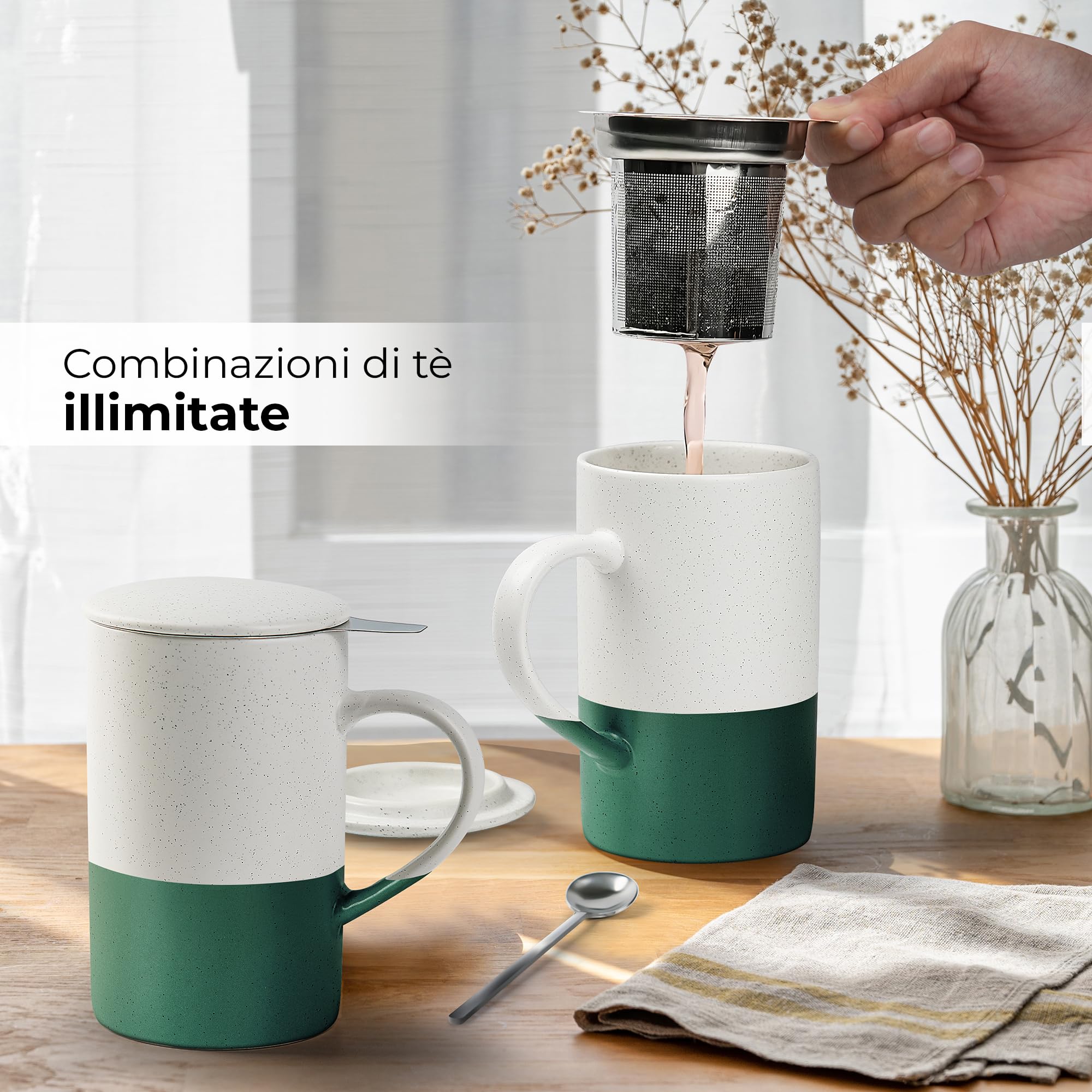 MIAMIO - Set di tazze da tè 2 x 500 ml con infusore e coperchio/Tazza da tè in ceramica con infusore e cucchiaio per la macerazione del tè in foglie, regali per gli amanti del tè (Verde scuro)