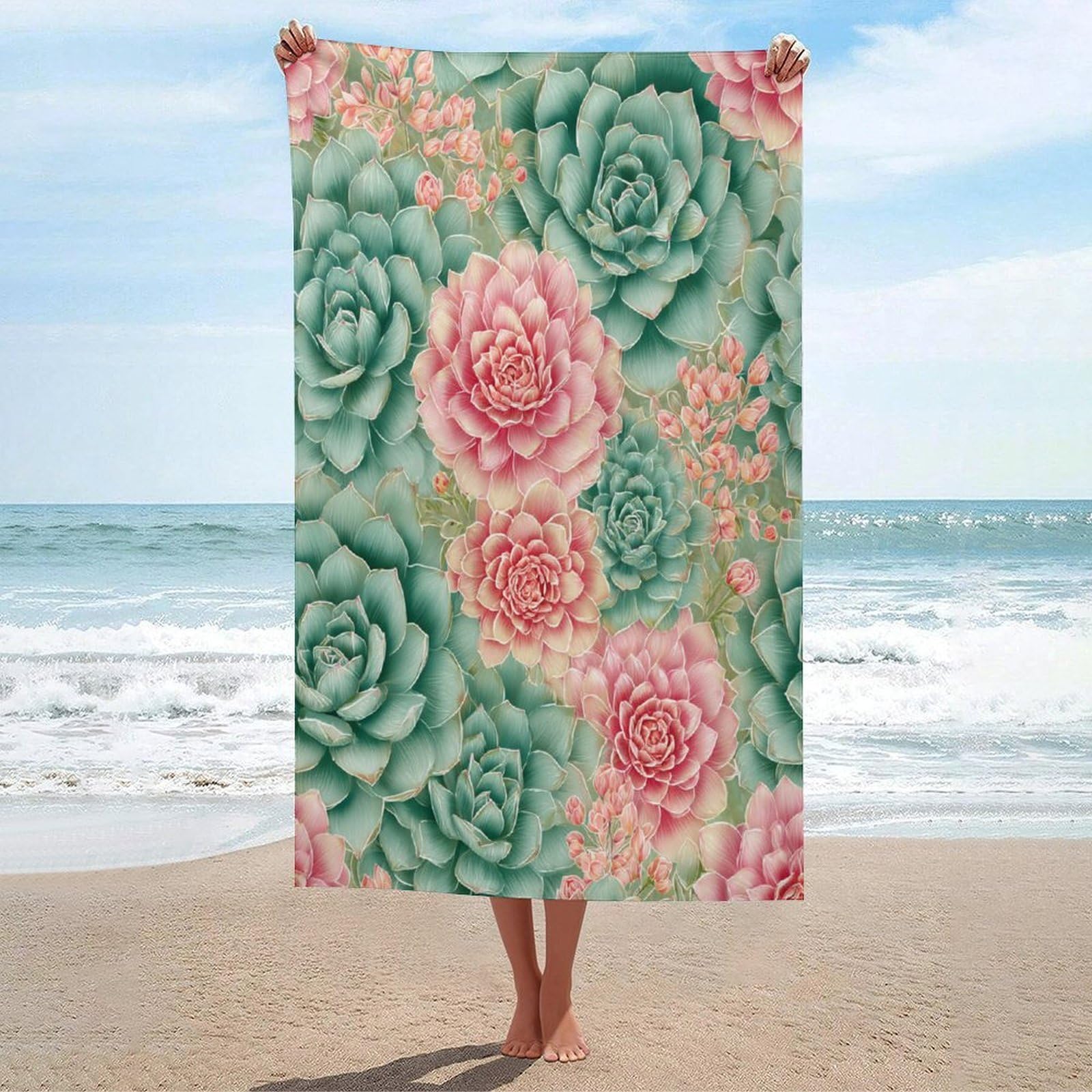 LSRCPD Succulent And Cactus Mandala Green Pink Beach Towel Sand Free Microfiber Large Shower Towels Multipurpose Absorbent for Bathroom Pool 130x80 CM