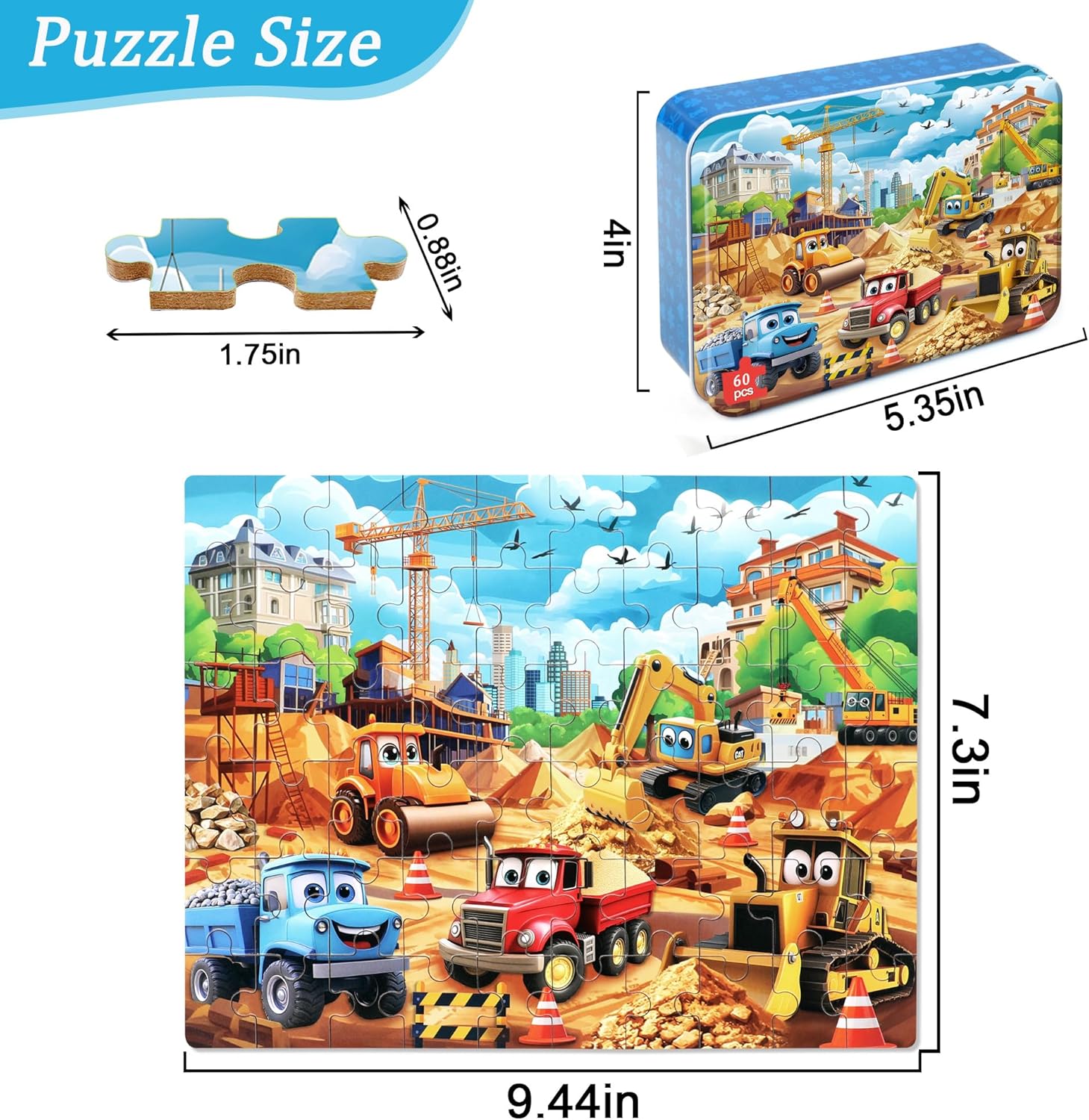 Construction Vehicles Puzzles for Kids Ages 4-8, 60 Pieces Jigsaw Puzzles for Kids Ages 3-5 Puzzle for Girls and Boys Learning Educational Puzzles Toys in a Metal Box