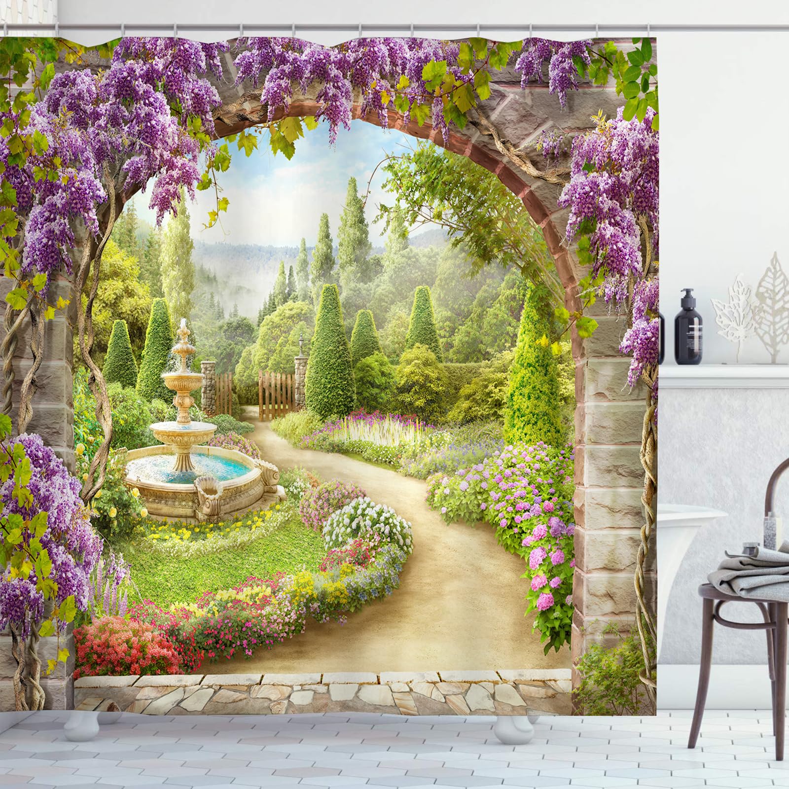 OCEUMACO Garden Shower Curtain Outdoor, 3D Flowers Arch Floral Archway Scenery Bath Shower Curtains Bathroom Outside Decor, Garden Scene View Waterproof Fabric with Hooks 240x200 cm, A014