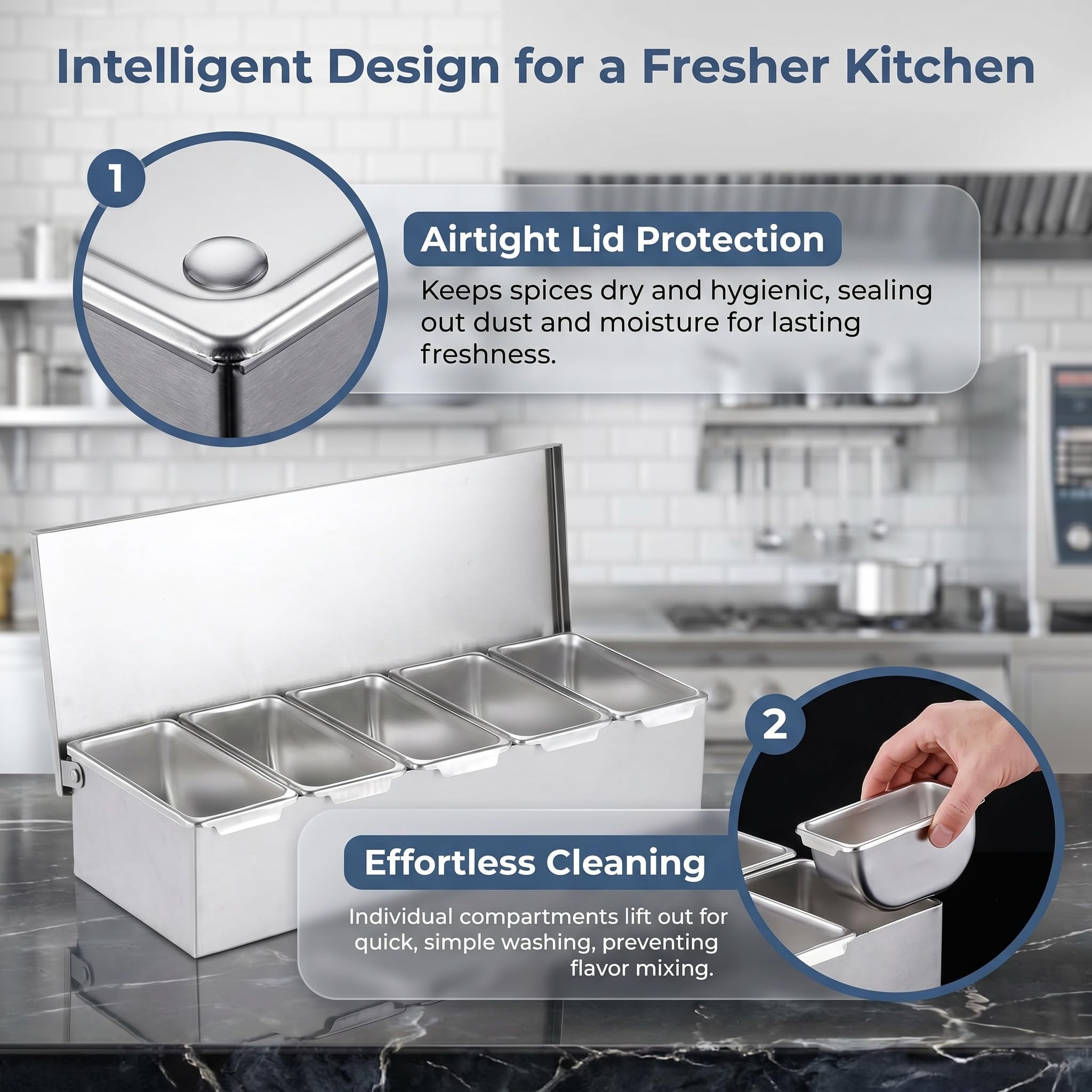 Dispensador De Condimentos De Acero Inoxidable De 5 Compartimentos con Tapa - Recipiente Fácil De Limpiar para Cocina, Restaurante Y Bar - Ideal para Salsas, Especias Y Silver 5 Compartments