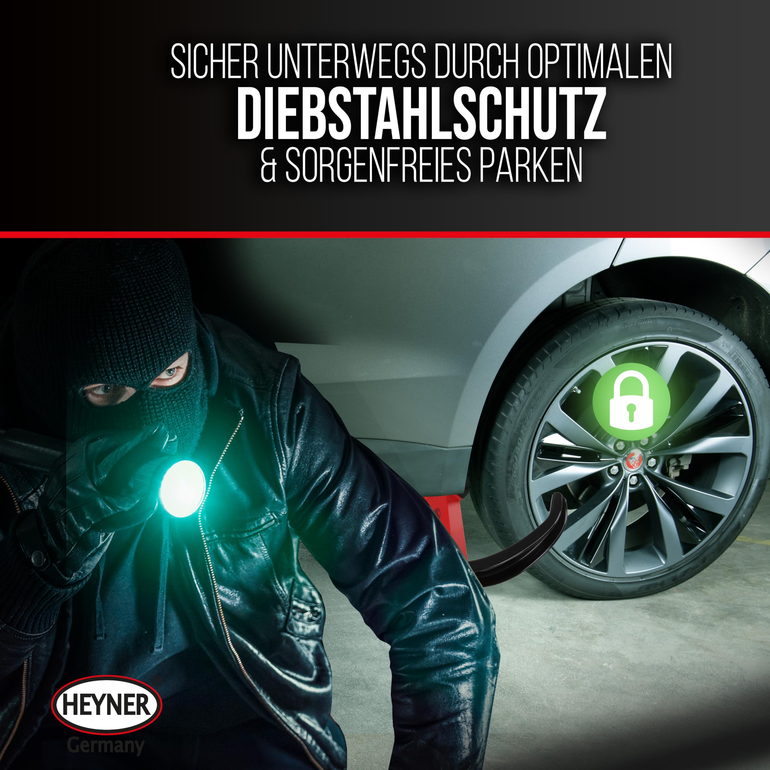 HEYNER® Radkralle mit Radkasten und Felgenschutz, Wegfahrsperre für PKW, Wohnwagen, Anhänger