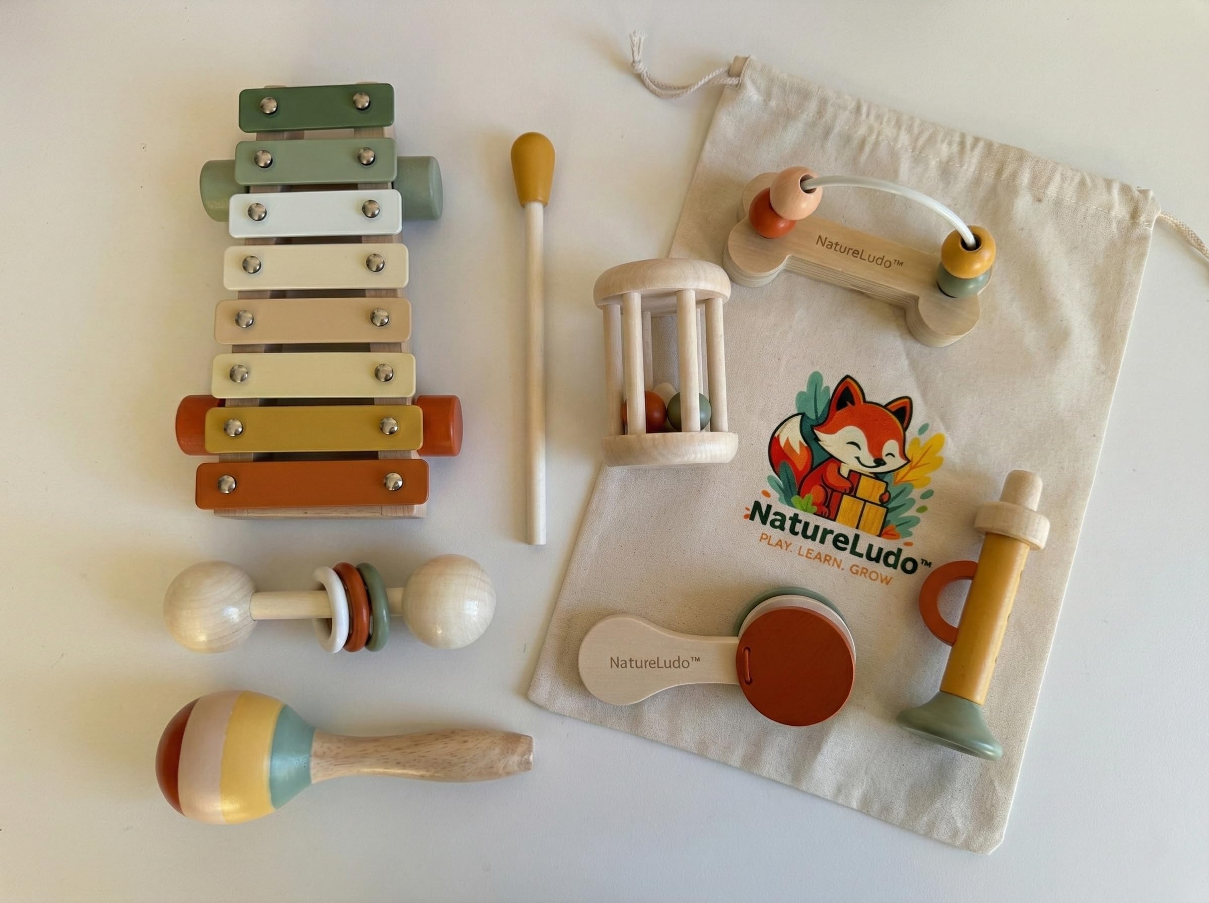 Instruments de Musique Enfant en Bois - 7 Pièces Montessori | xylophone maracas bébé - idée cadeau noël et anniversaire dès 3 ans