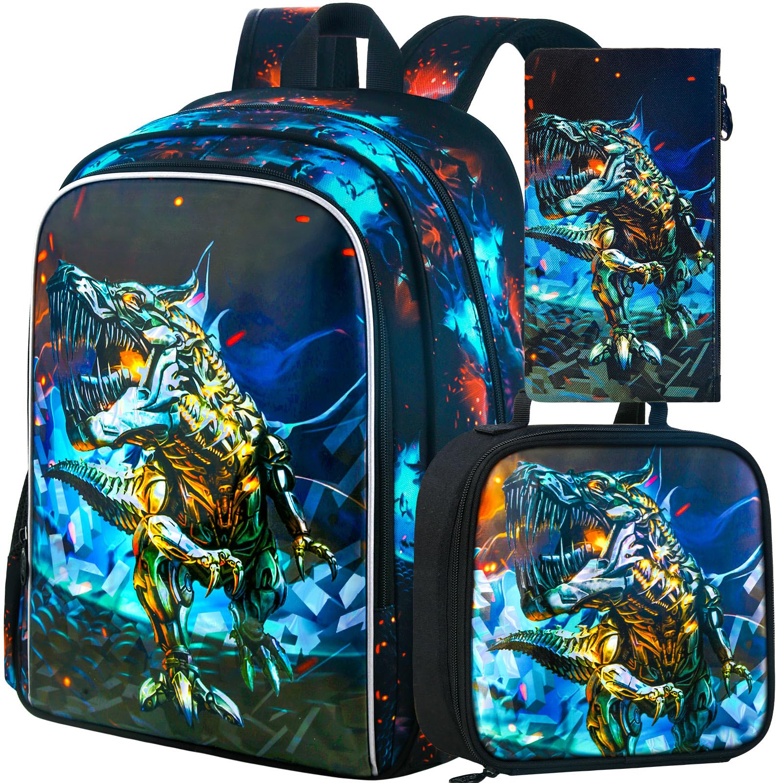 CCJPX 3PCS Kids Backpack for Boys, 16 Inch Dinosaur Water Resistant Preschool Backpacks, Kindergarten School Bookbag with Lunch Box for Toddler Travel