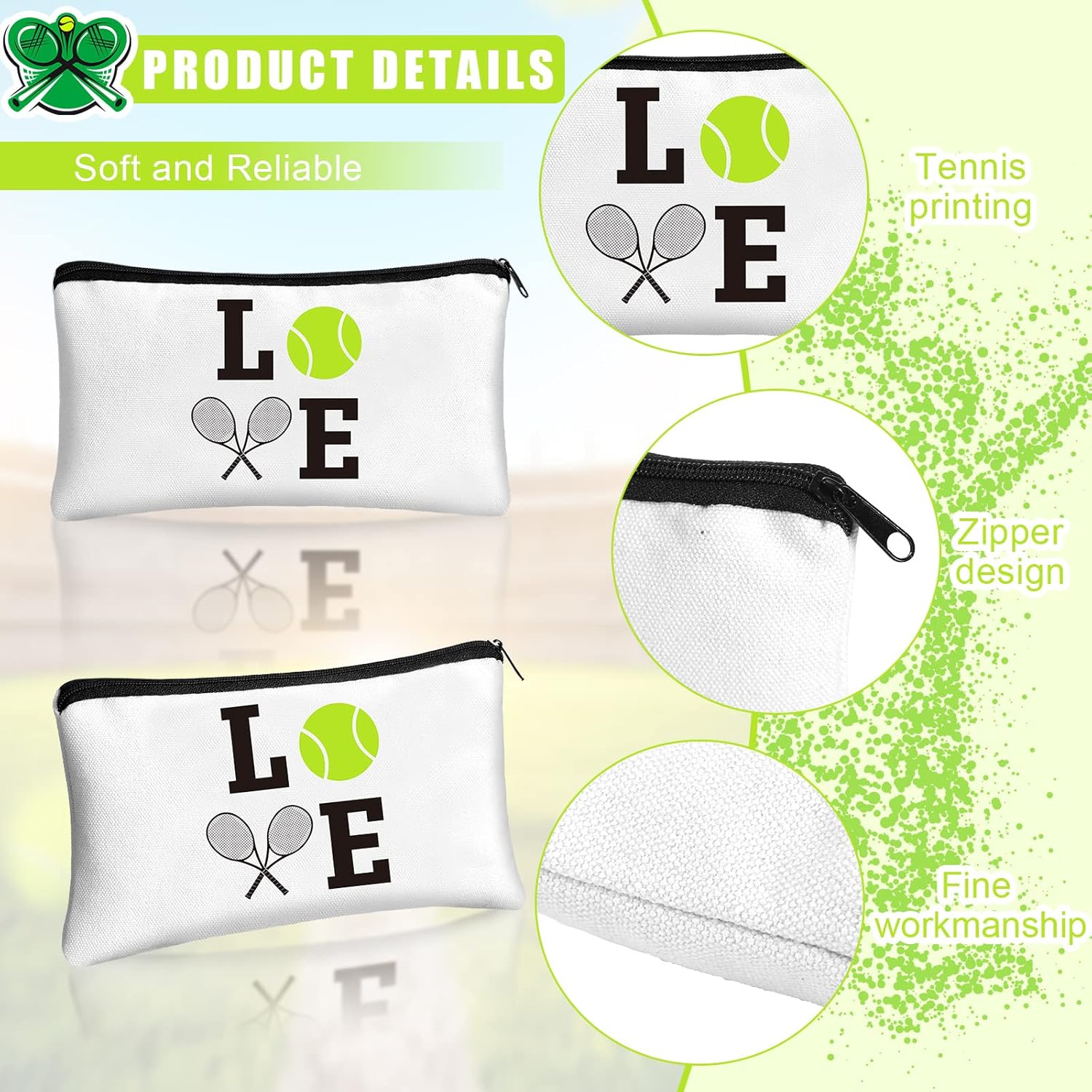 Moukeren 12 Pieces Tennis Makeup Bag Cosmetic Bag Travel Portable Storage Toiletry Case Accessories with Zippers Tennis Gifts for Lovers Players Teams Women Girls(White) - Image 3